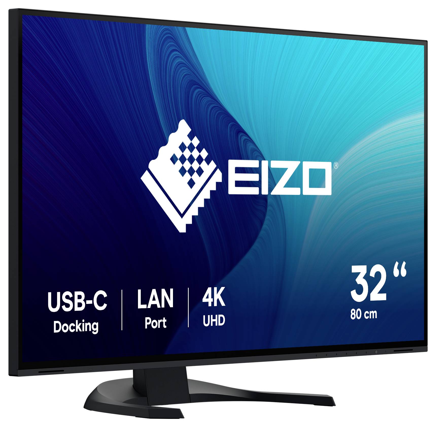 EIZO 32-Zoll 4K UHD-Monitor mit USB-C-Dockingstation und LAN-Anschluss, auf einem Ständer vor blauem Bildschirmhintergrund dargestellt.