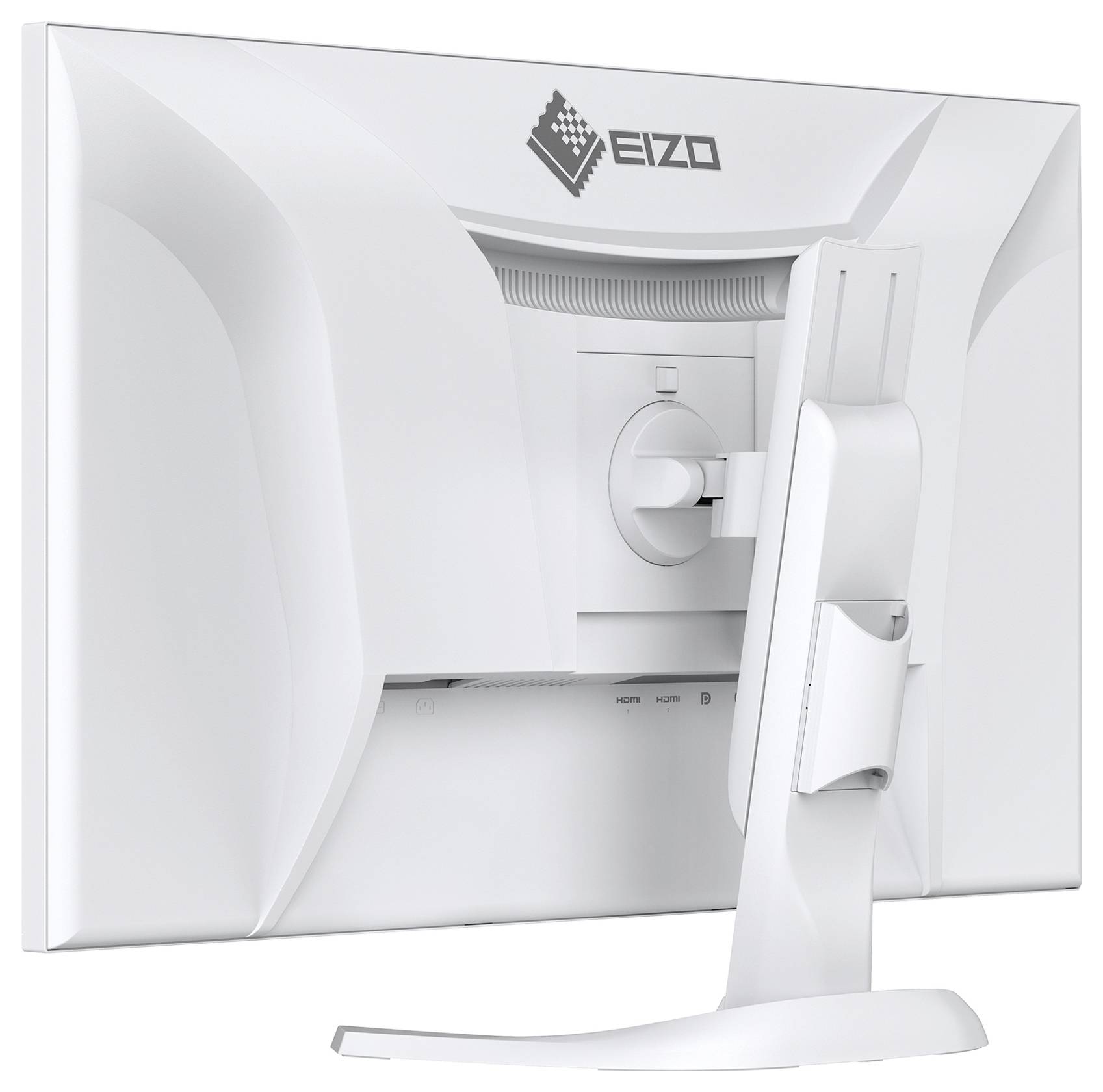 Rückseite eines weißen EIZO-Monitors auf einem Ständer, zeigt die hintere Halterung und den Kabelbereich.