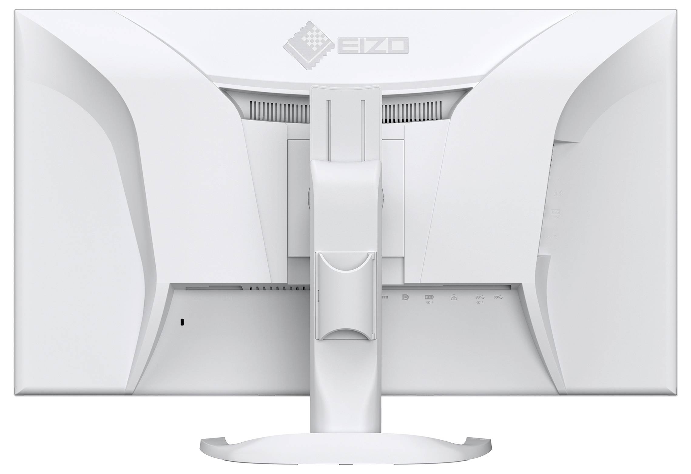 Rückansicht eines weißen EIZO-Monitors mit zentralem Ständer und gebogener Rückseite.