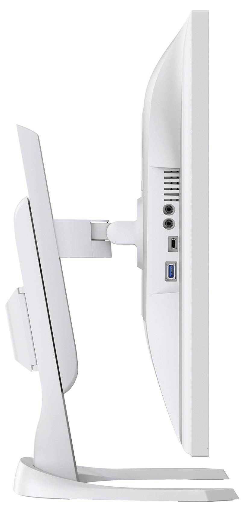 Seitenansicht eines All-in-One-Desktopcomputers auf einem Ständer, der den Bildschirm und die hinteren Ein-/Ausgabeanschlüsse einschließlich USB- und Audiobuchsen zeigt.