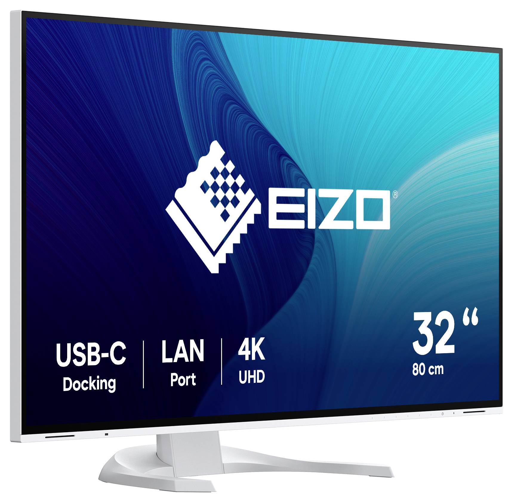 Produktbild eines 32-Zoll-4K-UHD-Monitors von EIZO mit USB-C-Docking- und LAN-Port-Funktionen auf dem Bildschirm angezeigt.