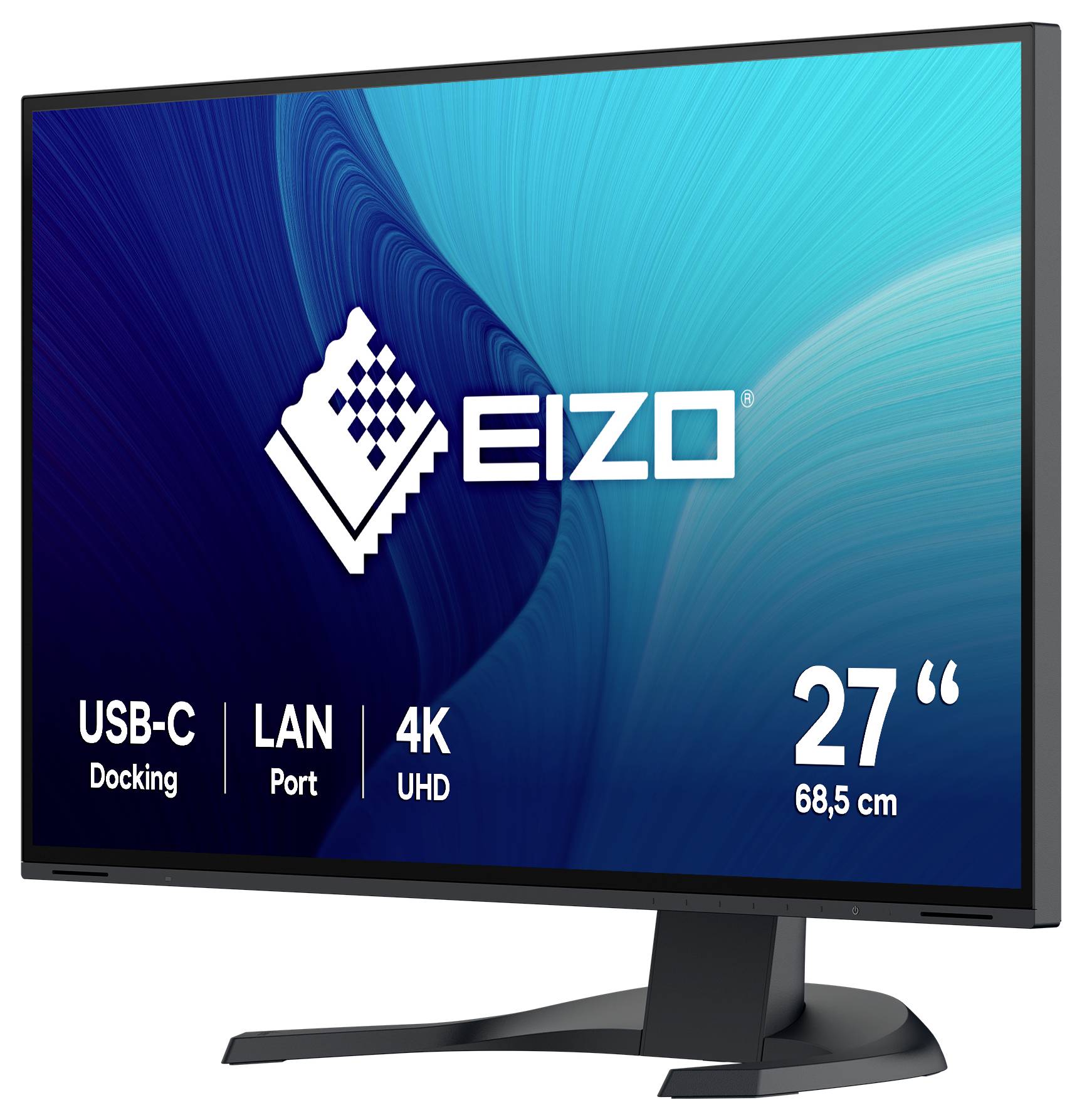 EIZO 27-Zoll 4K UHD-Monitor mit USB-C-Docking und LAN-Anschluss, auf einem Ständer mit Produktbranding und Text zur Bildschirmgröße dargestellt.