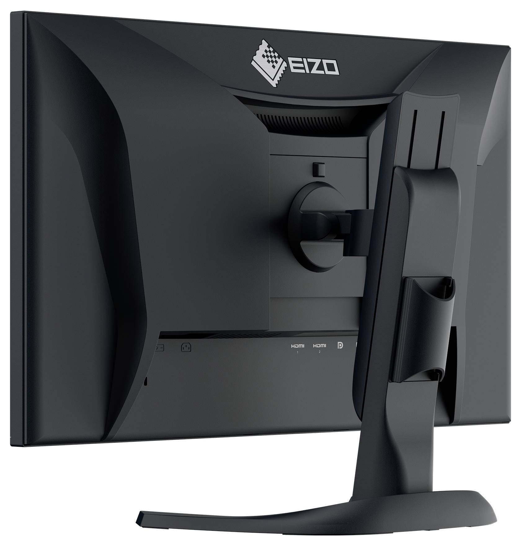 Rückansicht eines EIZO-Computermonitors mit verstellbarem Ständer und hinterem Eingabepanel.