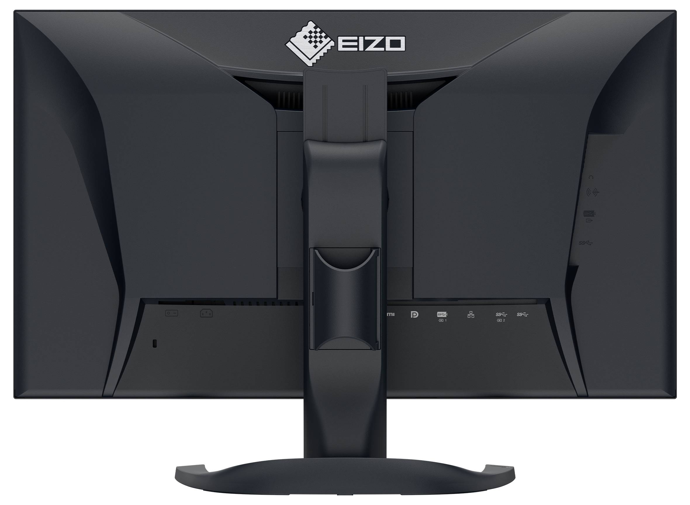 Rückansicht eines schwarzen EIZO-Computermonitors mit verstellbarem Ständer und zentriertem Logo auf der Rückseite.