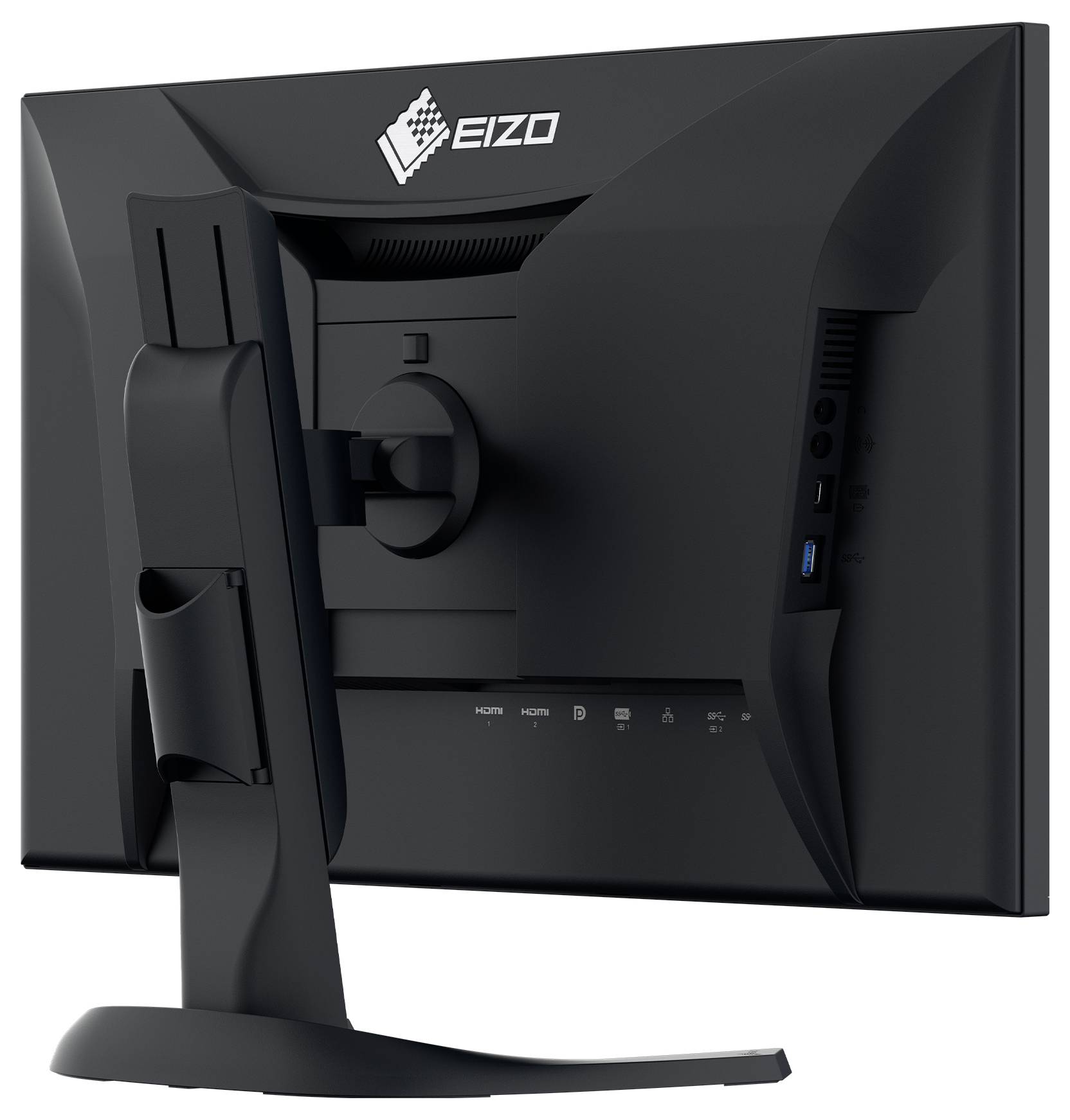 Rückansicht eines schwarzen EIZO-Computermonitors auf einem Ständer, mit Ansicht seiner Halterung, Anschlüsse und gekrümmter Rückseite.