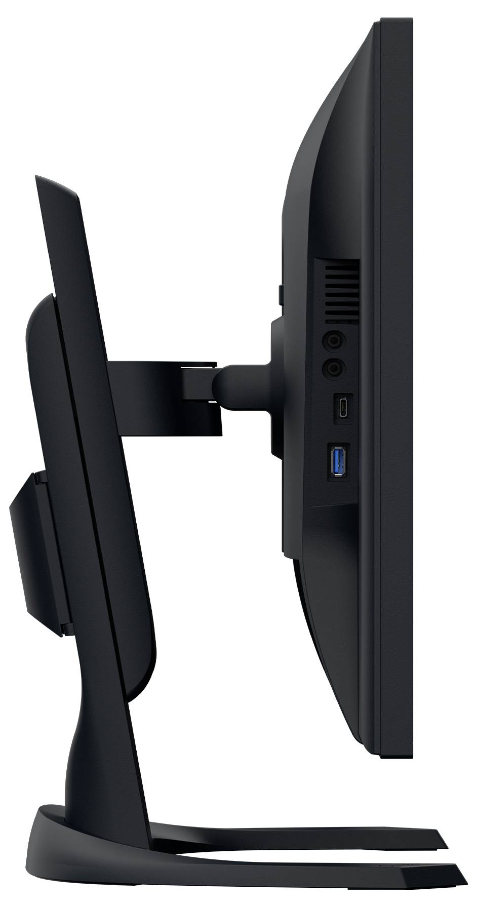 Seitenansicht eines Monitors auf einem verstellbaren Ständer, die den auf der Basis montierten Bildschirm und die hinteren Anschlüsse und Lüftungsöffnungen des Displays zeigt.
