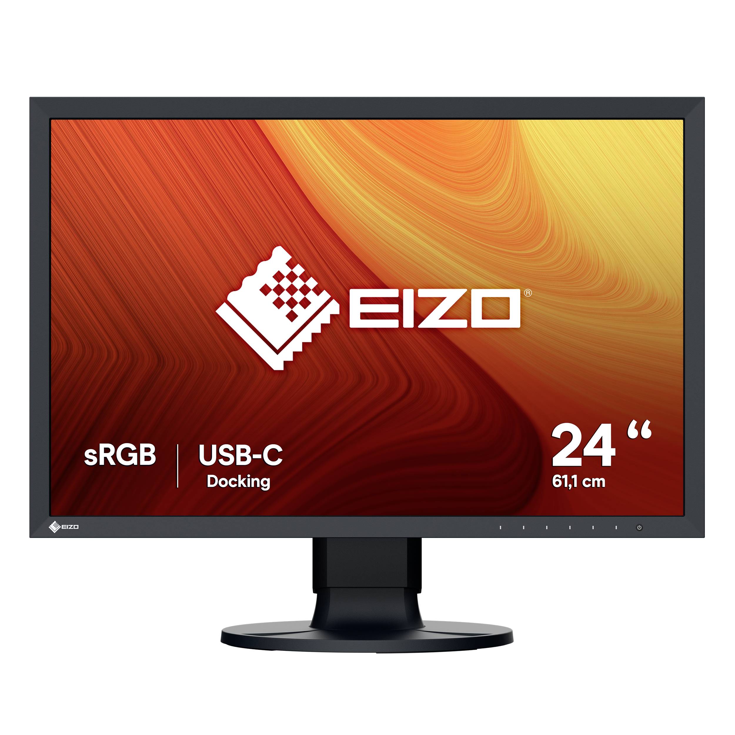 EIZO 24-Zoll-Monitor mit rot-orangem Display, gekennzeichnet mit sRGB und USB-C-Docking, auf einem Ständer.