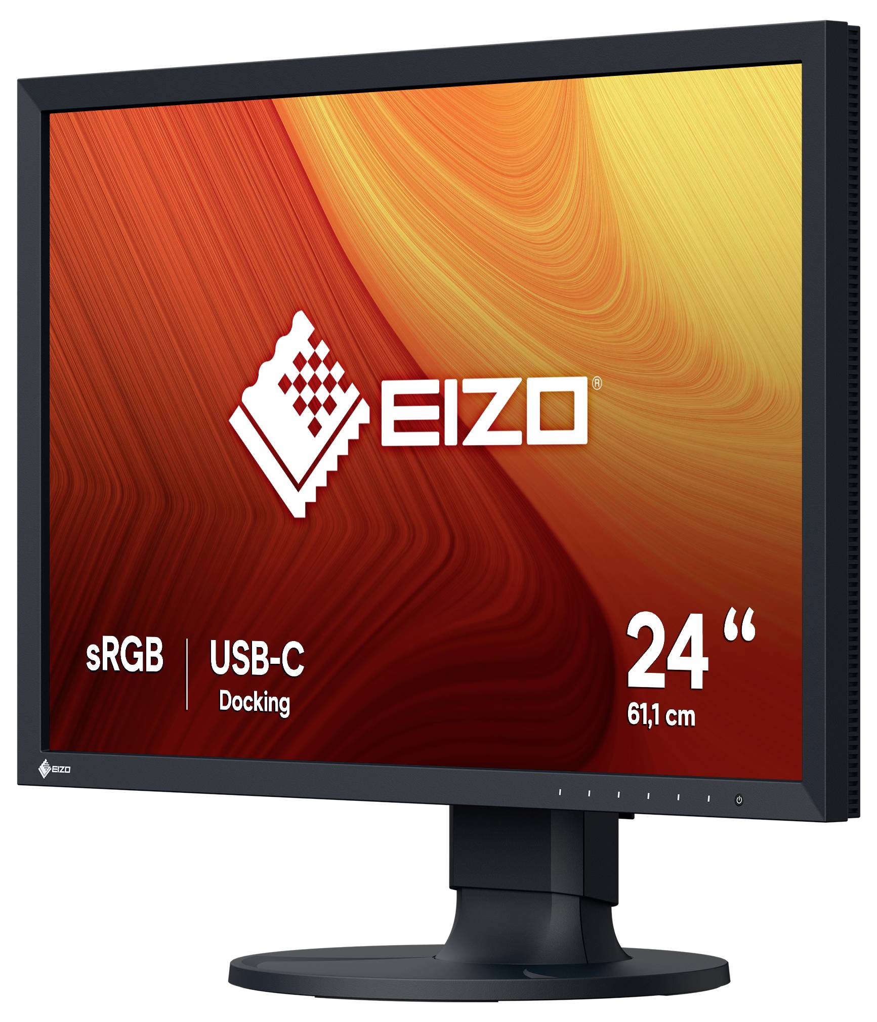 EIZO 24-Zoll-USB-C-Docking-Monitor mit sRGB-Unterstützung, auf einem Ständer vor weißem Hintergrund gezeigt.