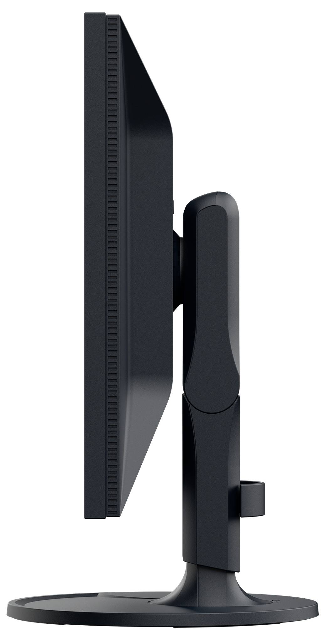Seitenansicht eines schwarzen Desktop-Computer-Monitors auf einem runden Ständer, der sein schlankes Profil und seinen verstellbaren Montagearm zeigt.