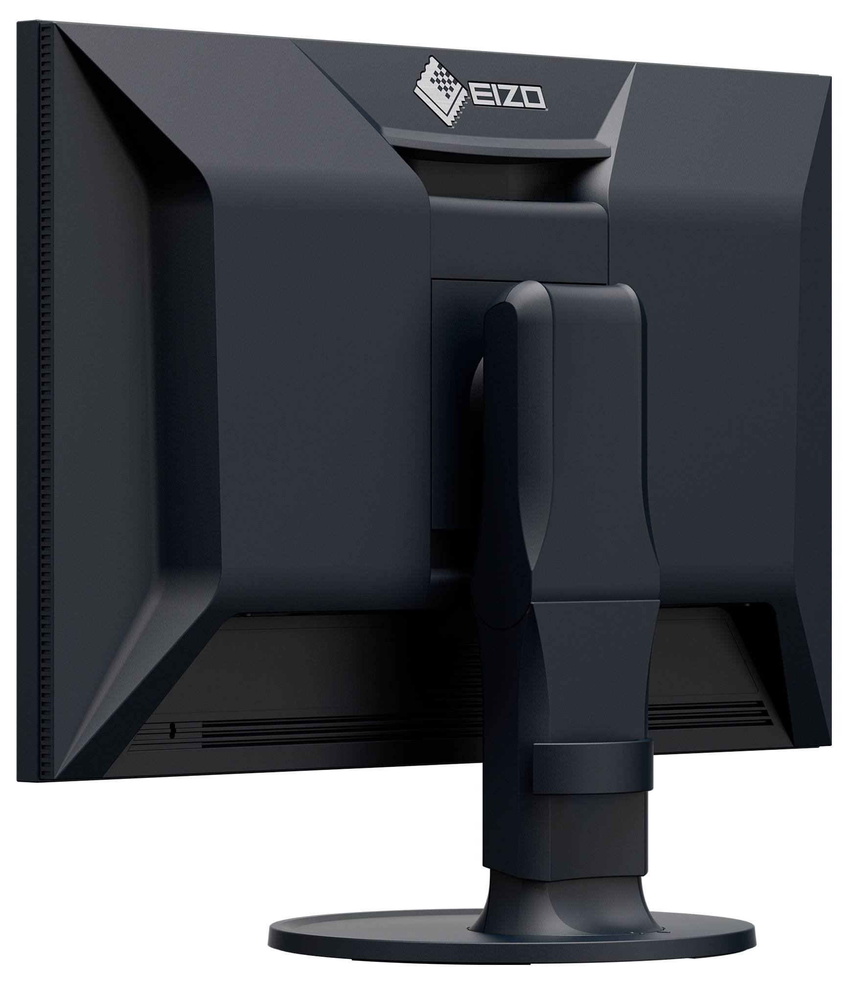 Rückansicht eines EIZO-Computermonitors auf einem Ständer, die die Rückseite und die verstellbare Halterung zeigt.
