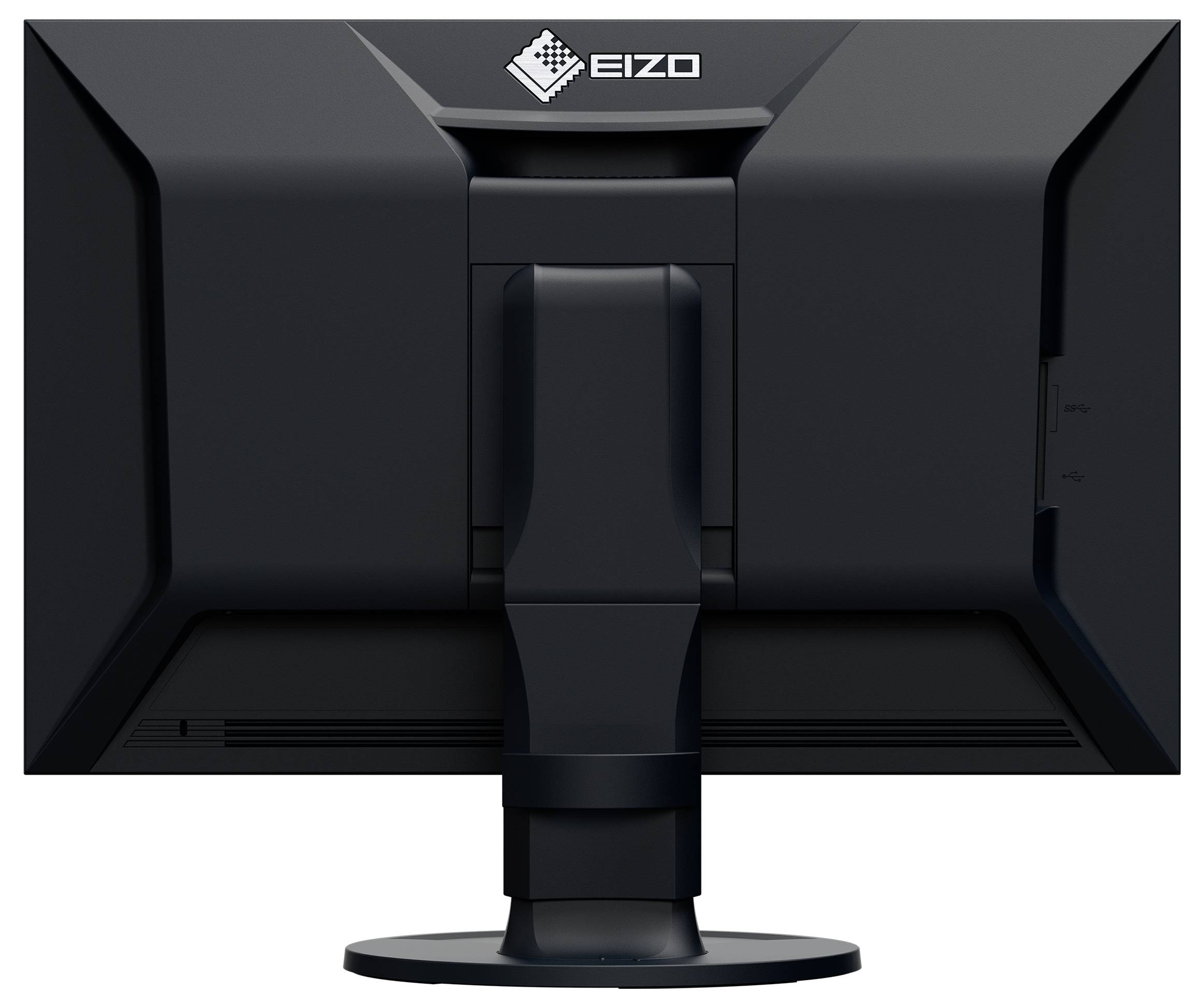Rückansicht eines schwarzen EIZO-Computermonitors auf einem Ständer, die das Logo und den Kabelorganisationsbereich zeigt.