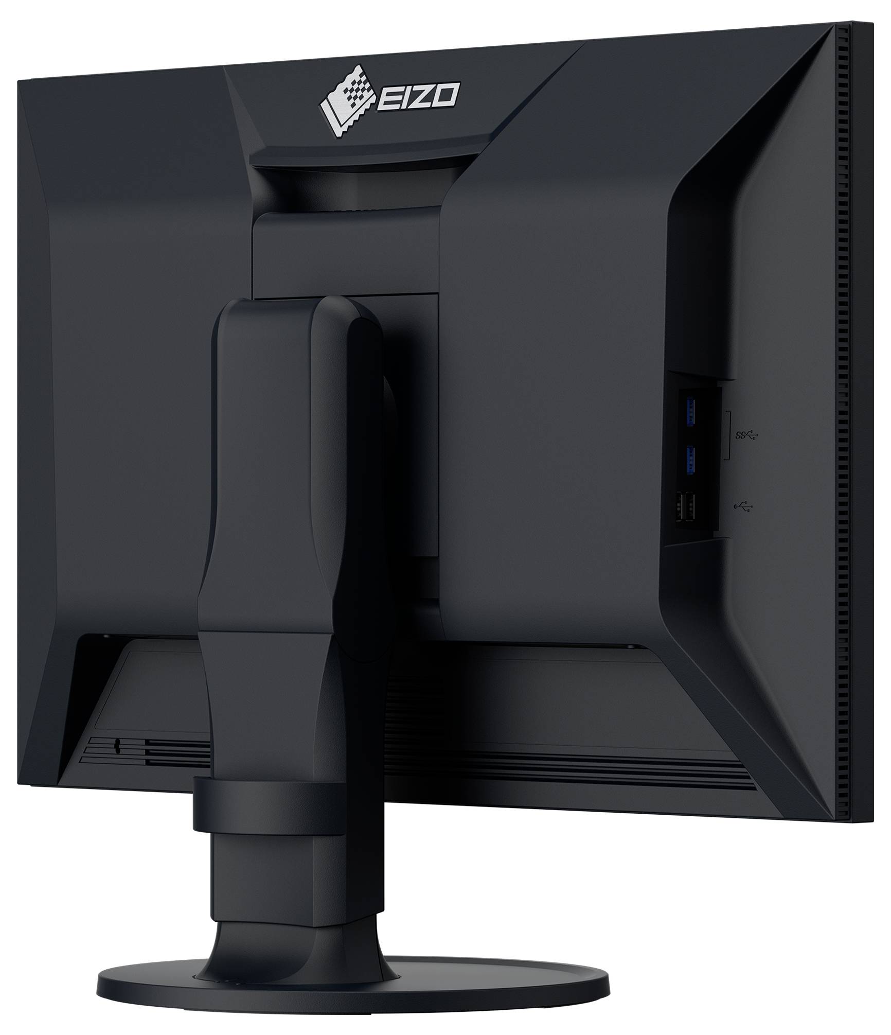 Rückansicht eines schwarzen EIZO-Computermonitors mit verstellbarem Ständer und seitlichen USB-Anschlüssen auf weißem Hintergrund.
