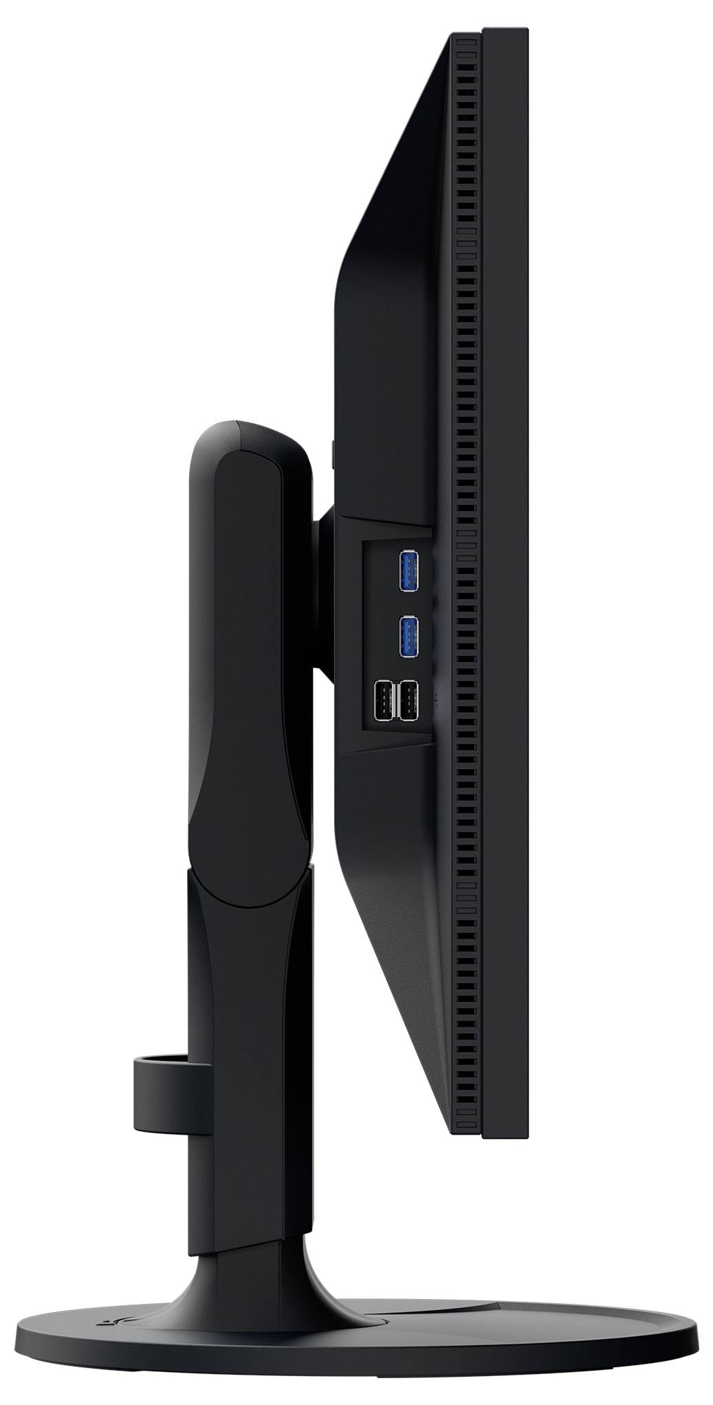 Seitenansicht eines schwarzen Flachbildschirm-Computermonitors auf einem Ständer, zeigt zwei USB-Anschlüsse und zwei kleinere Anschlüsse auf der Rückseite.