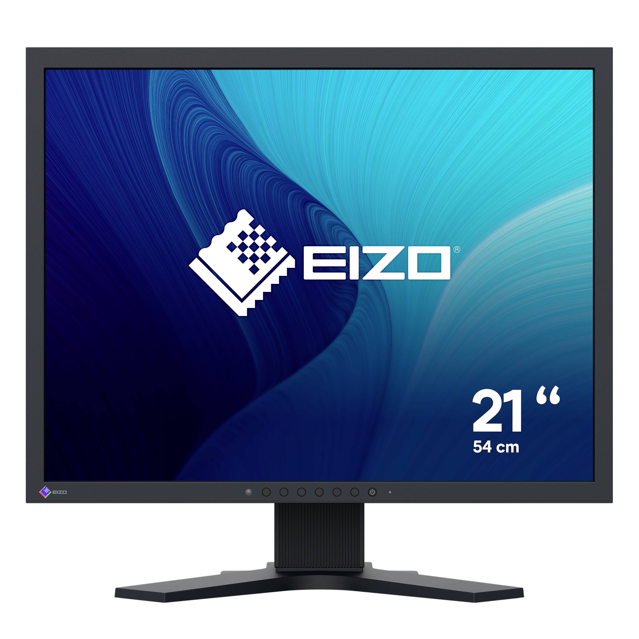 EIZO 21-Zoll-Monitor mit blauem abstraktem Bildschirm und '54 cm' Größenetikett auf einem Ständer.