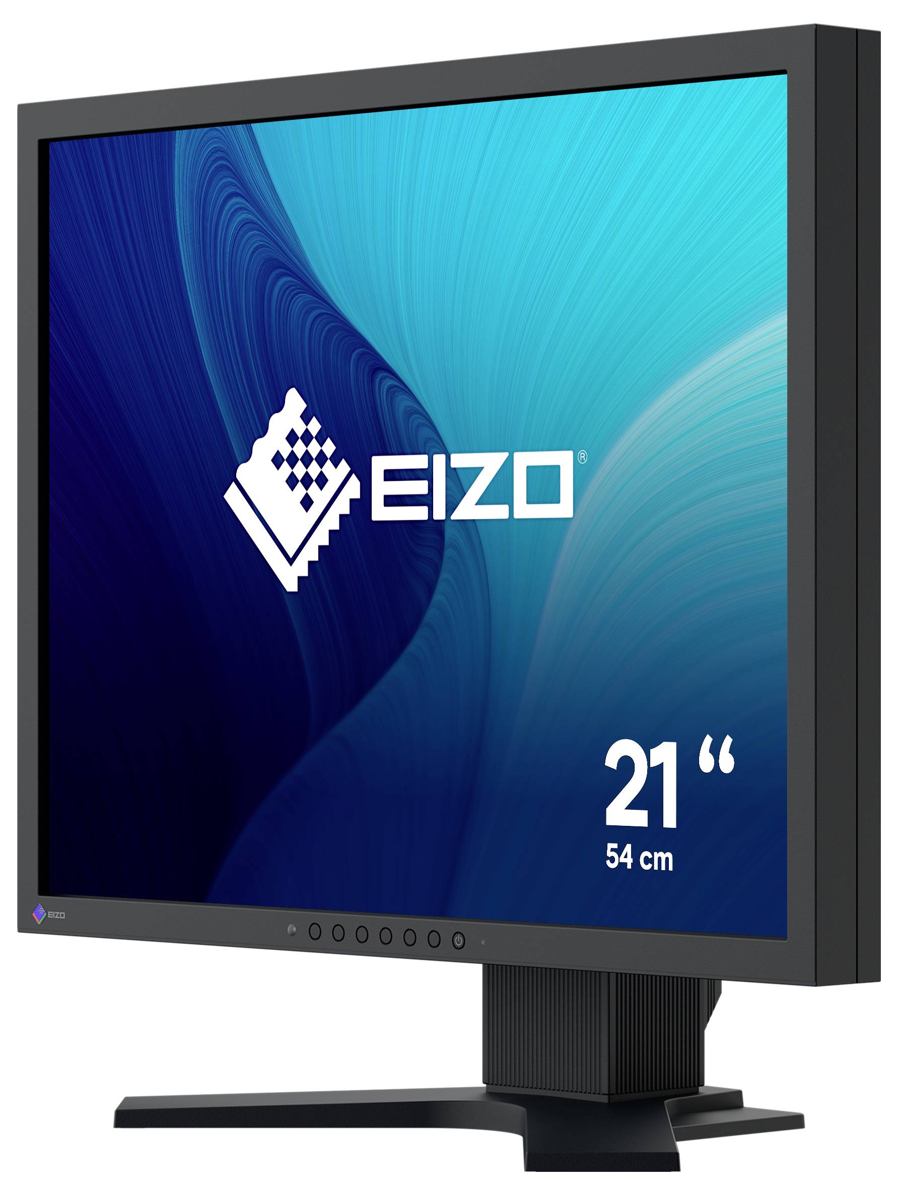 EIZO 21-Zoll-Computermonitor mit 54 cm Bildschirmdiagonale, gezeigt in einer produktverpackungsähnlichen Abbildung mit Logo auf blauem Bildschirm.