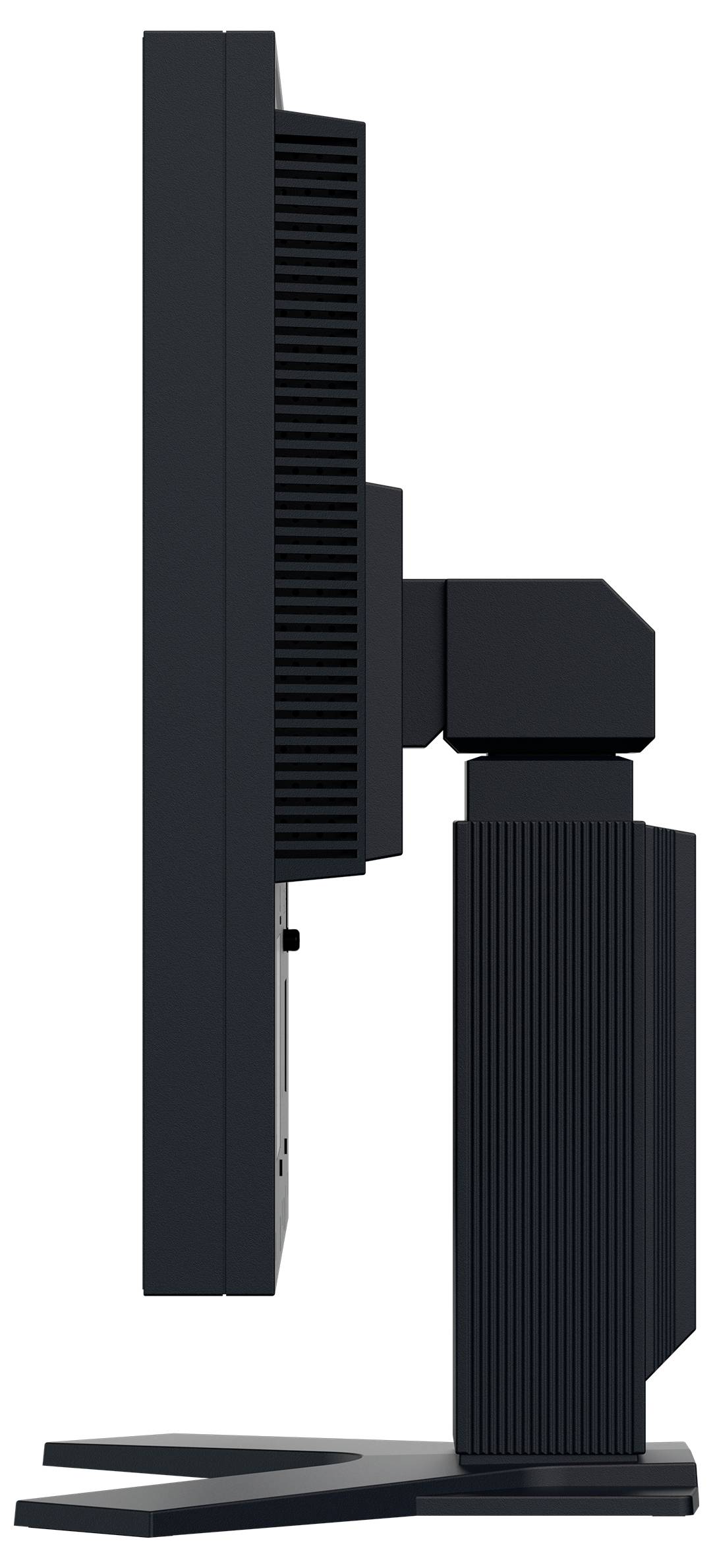 Seitenansicht eines schwarzen Monitors auf einem robusten ergonomischen Ständer mit gerippter vertikaler Säule und verstellbarem Arm.