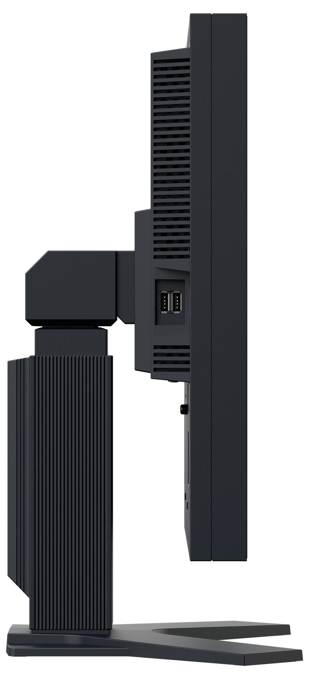 Seitenansicht eines schwarzen Computermonitors auf einem verstellbaren Ständer mit belüftetem Rückenpanel und sichtbaren Eingabeanschlüssen.