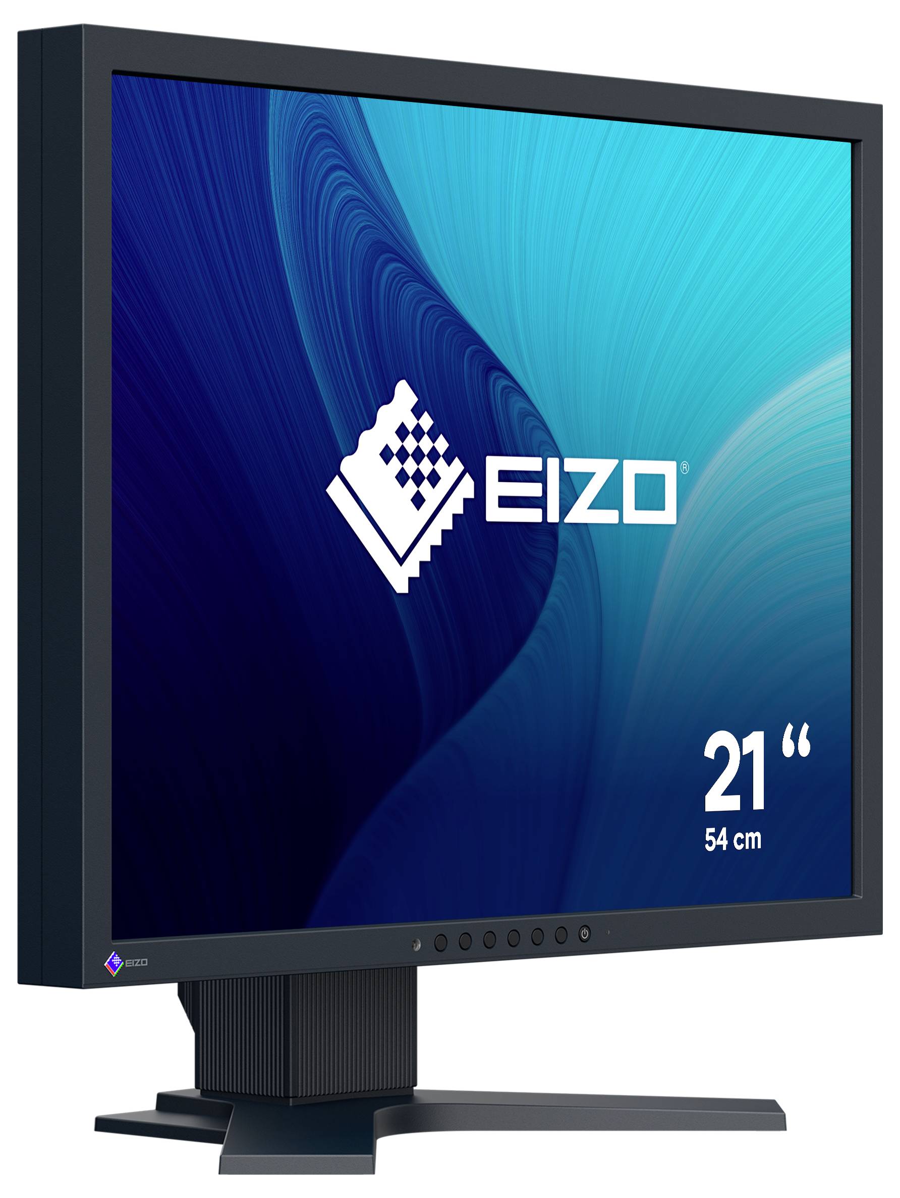 EIZO 21-Zoll-Monitor mit blauem Bildschirm-Branding und Größenetikett „21