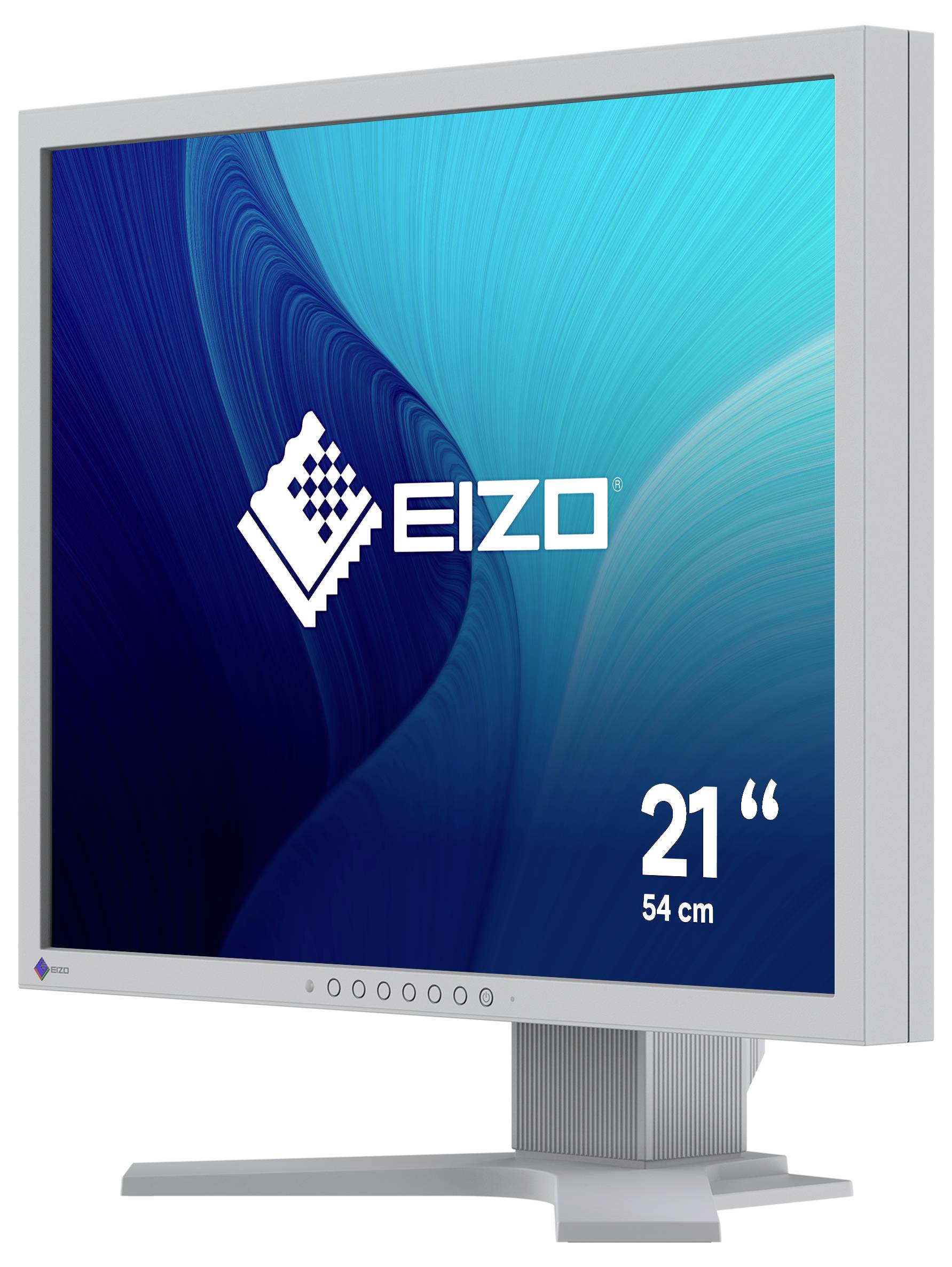 Silberner EIZO Flachbildschirm in Produktansicht mit 21-Zoll-Display (54 cm) und Ständer.
