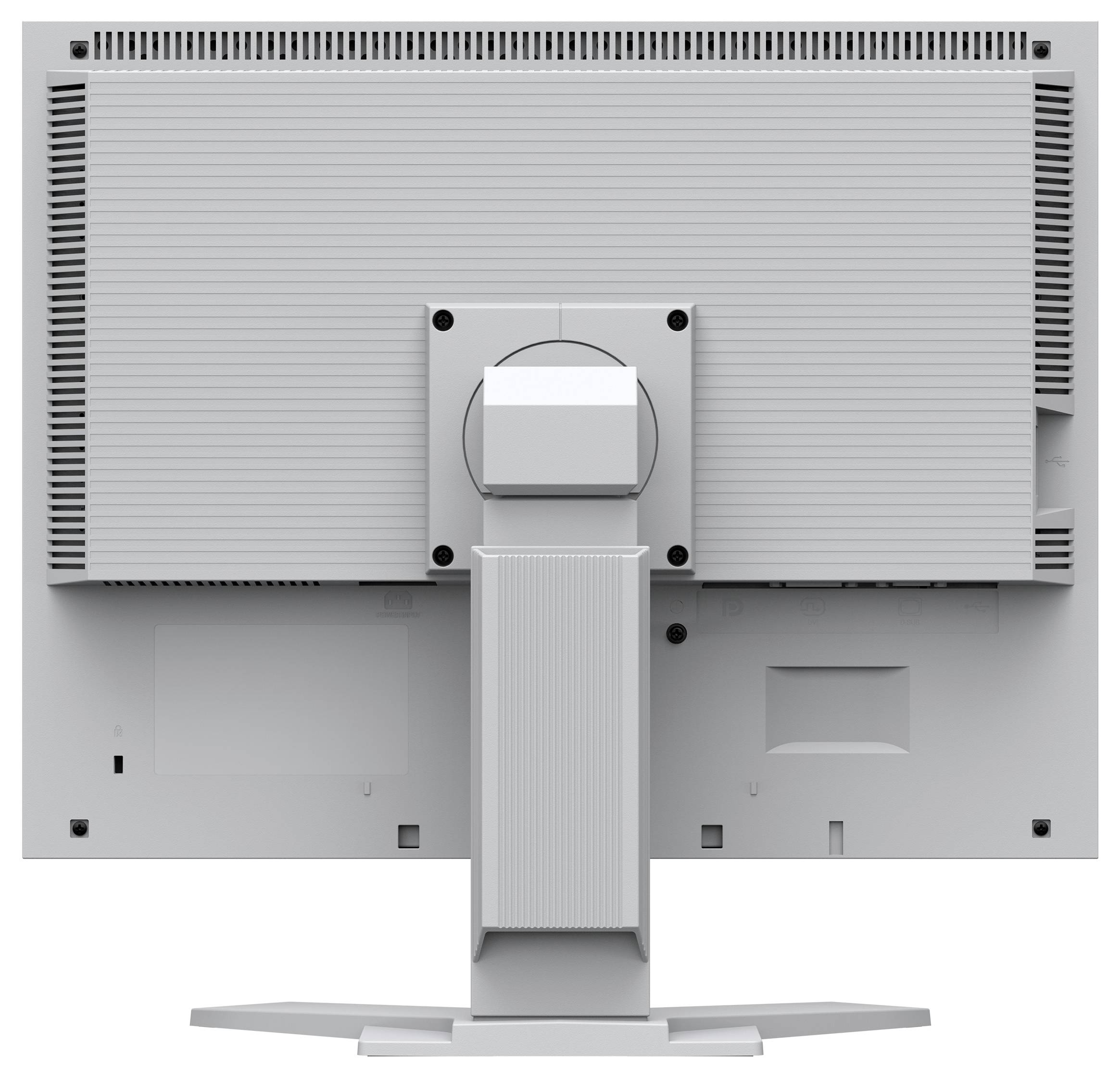 Rückansicht eines grauen Desktop-Computermonitors auf einem Ständer, der Lüftungsschlitze, eine Montageplatte und eine Kabelabdeckung zeigt.