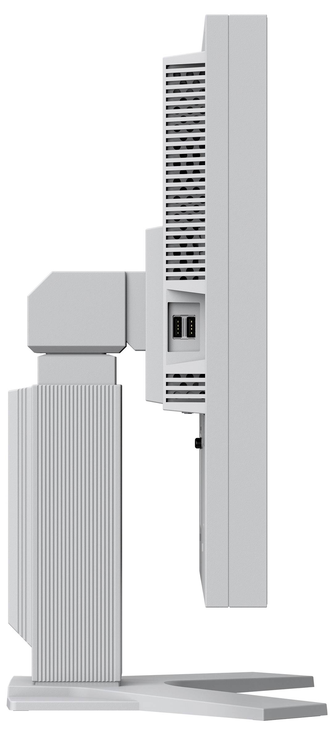 Seitenansicht eines weißen Desktop-Computermonitors auf einem verstellbaren Ständer, der Belüftungsgitter und Steuertasten zeigt.