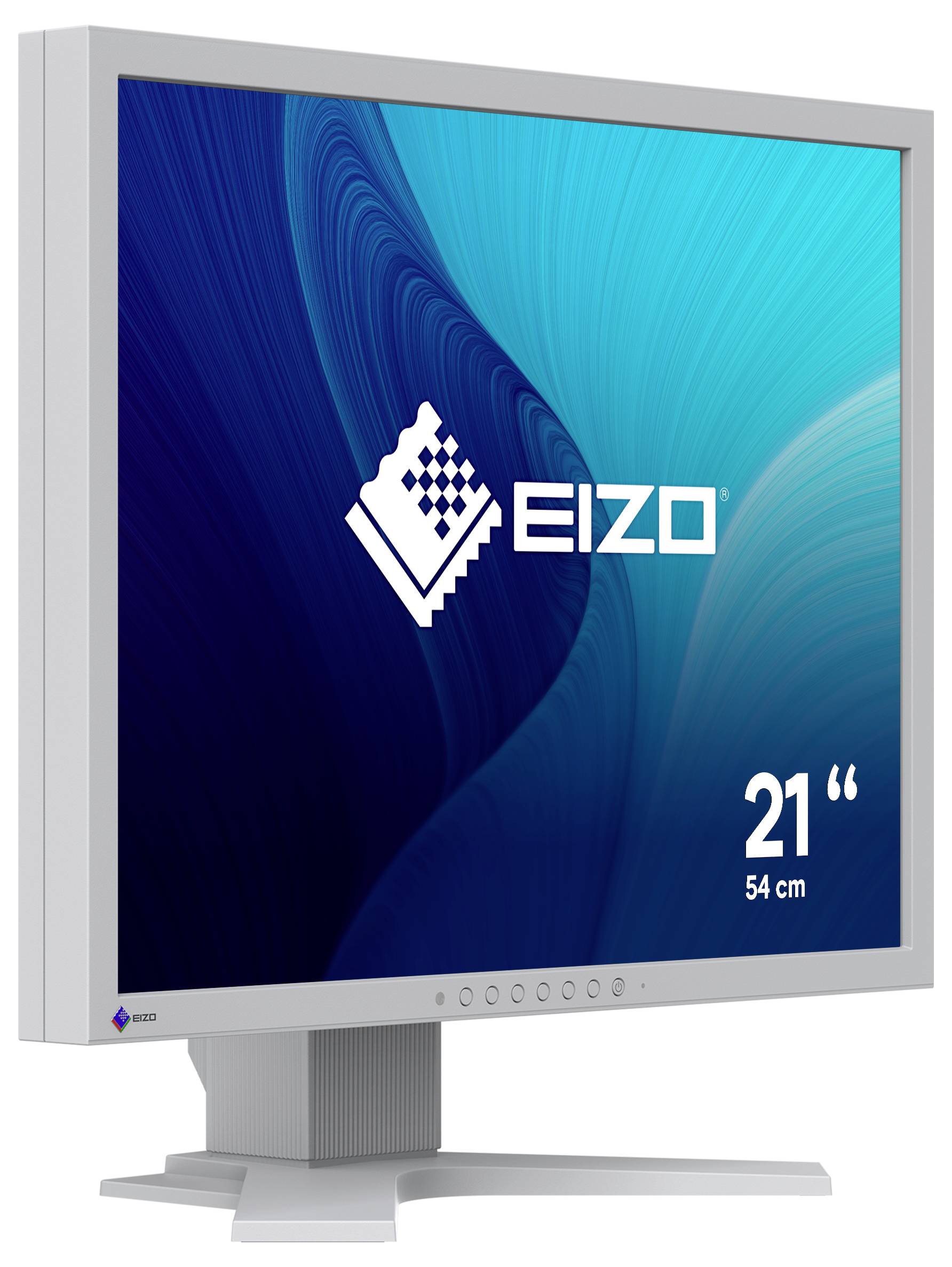 EIZO 21-Zoll-Flachbildschirm mit silbernem Rahmen und Standfuß, in Schrägansicht gezeigt mit Markenlogo auf dem Bildschirm.