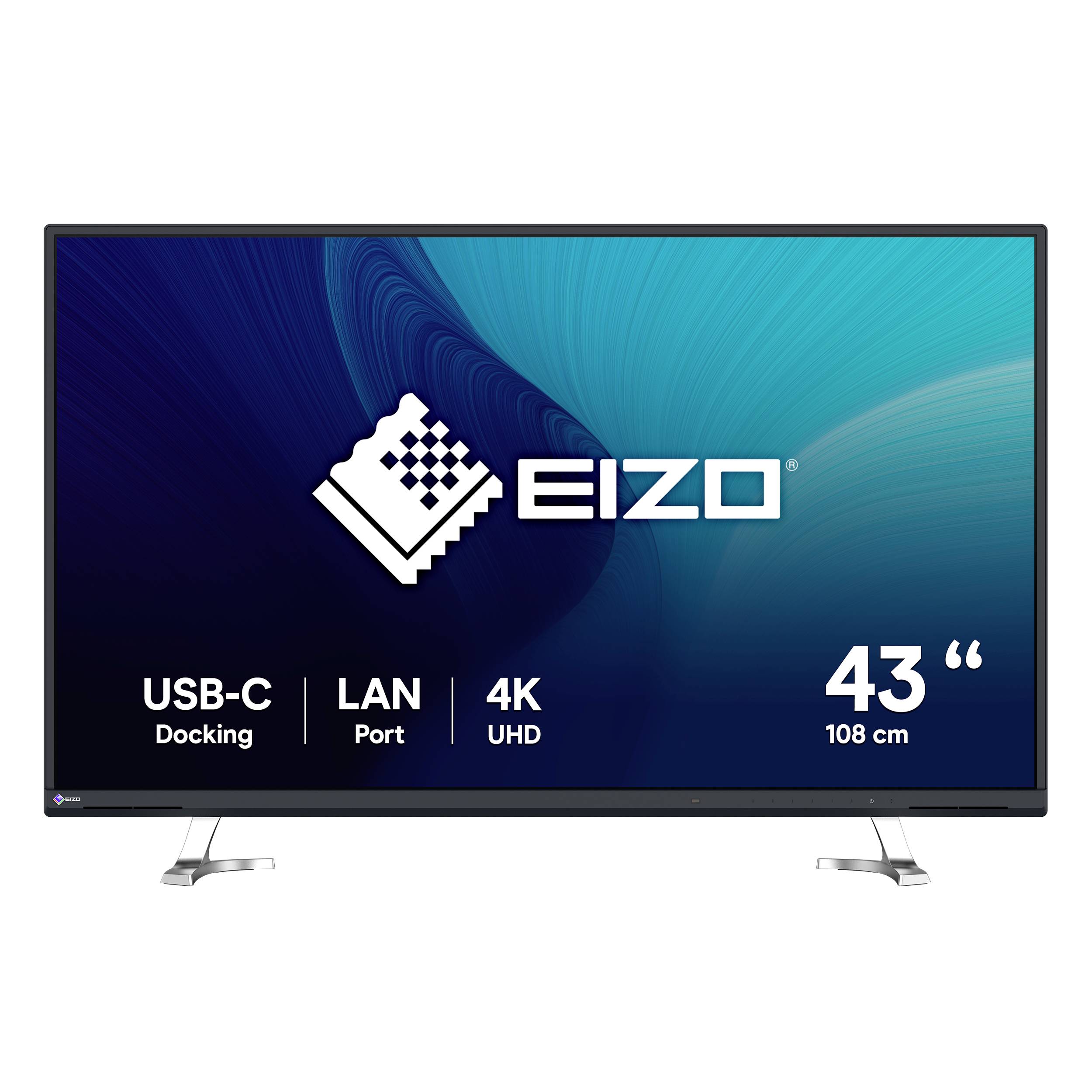 EIZO 43-Zoll-4K-UHD-Monitor mit USB-C-Docking und LAN-Anschluss, auf weißem Hintergrund dargestellt.