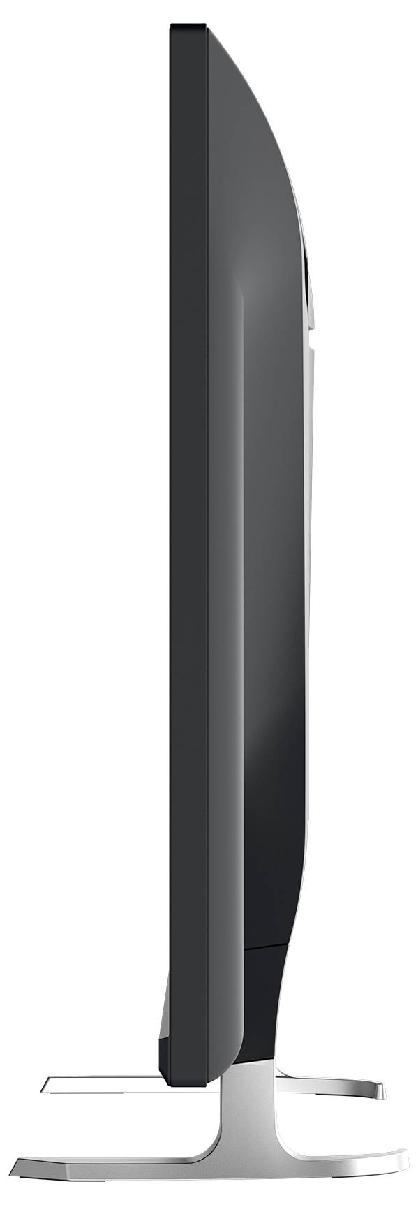 Seitenansicht eines schlanken schwarzen All-in-One-Desktop-Computers auf einem silbernen Ständer.