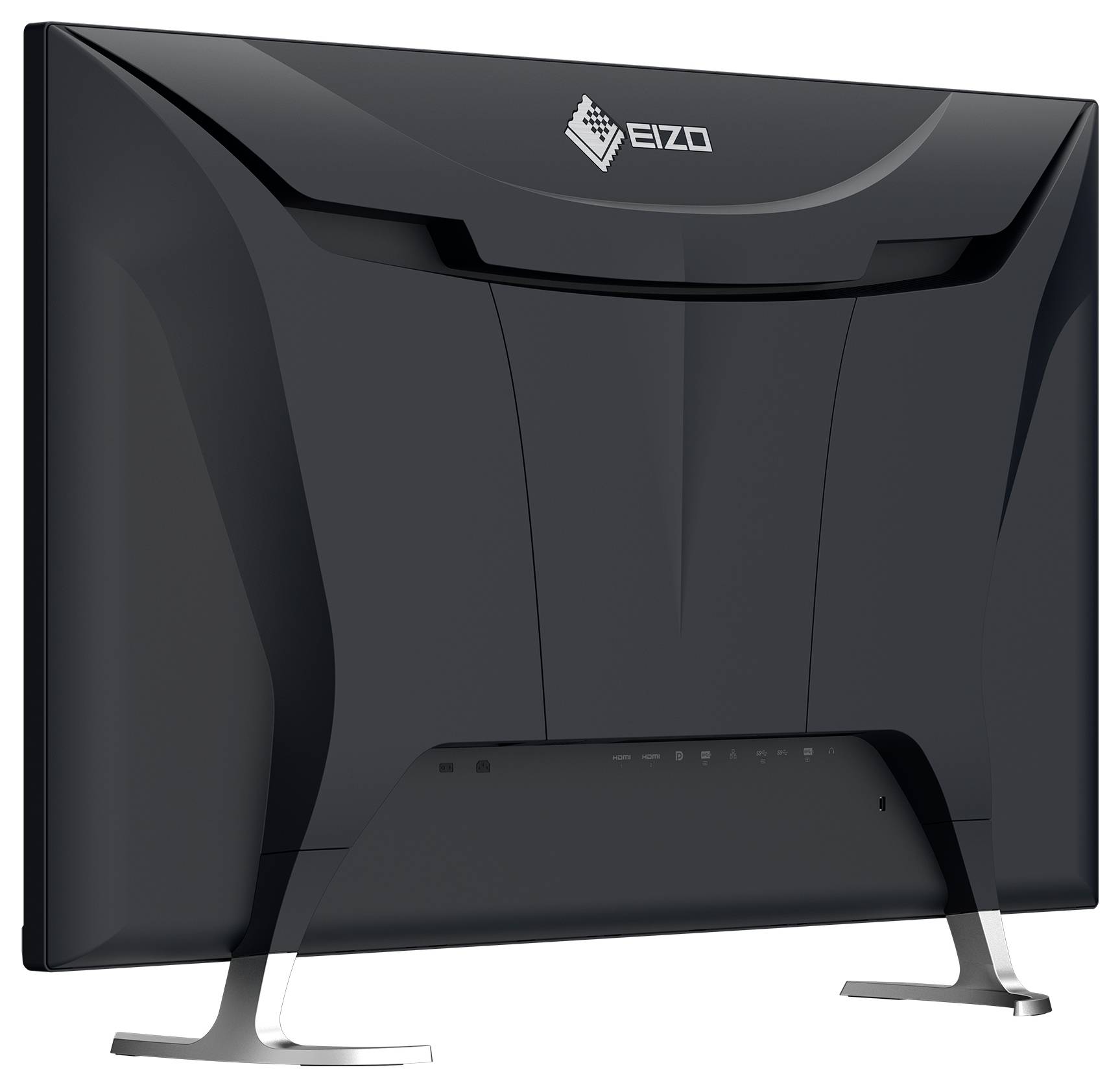 EIZO 32-Zoll 4K-UHD-Monitor mit USB-C-Dockingstation und LAN-Anschluss, dargestellt vor einem blauen abstrakten Hintergrund.