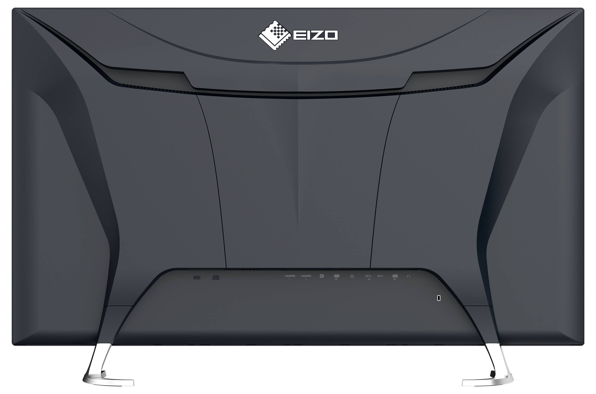 Seitenansicht eines schwarzen All-in-One-Desktop-Monitors auf einem verstellbaren Ständer, mit drei USB-Anschlüssen auf der rechten Seite.