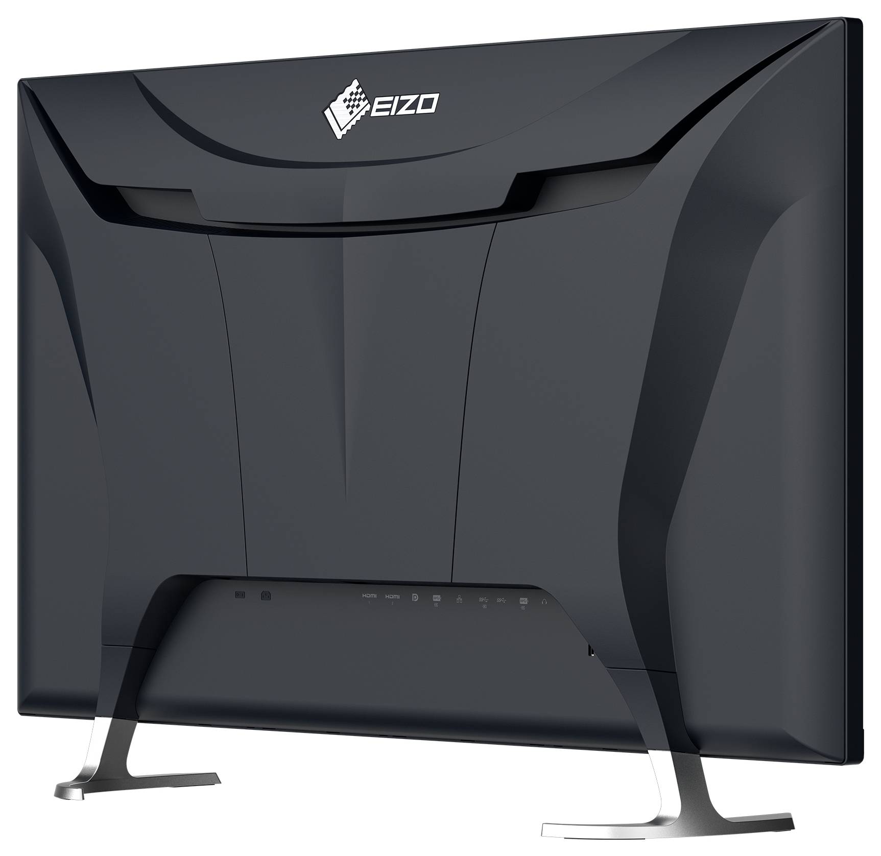 Rückansicht eines EIZO-Desktopmonitors mit dunklem gekrümmtem Rücken und silbernem Ständer auf weißem Hintergrund.