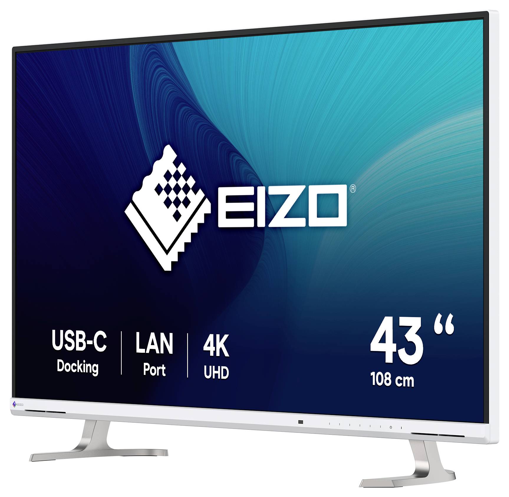 EIZO 43-Zoll 4K-UHD-Monitor mit USB-C-Dockingstation und LAN-Anschluss, dargestellt auf einem Ständer.
