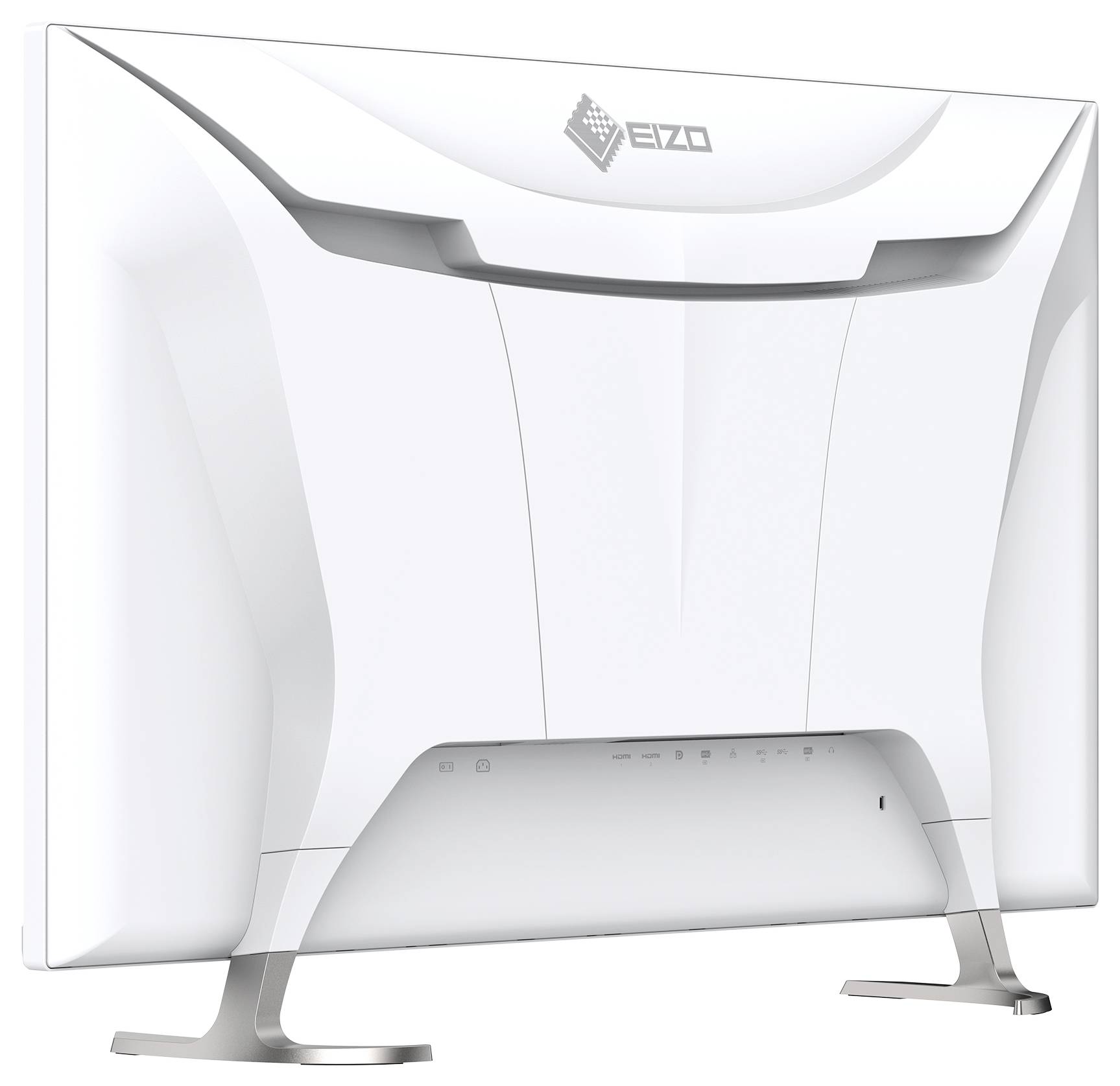 Weißer EIZO-Computermonitor von hinten auf einem Ständer gezeigt, mit schlankem, gebogenem Design und sichtbarem Markenlogo.