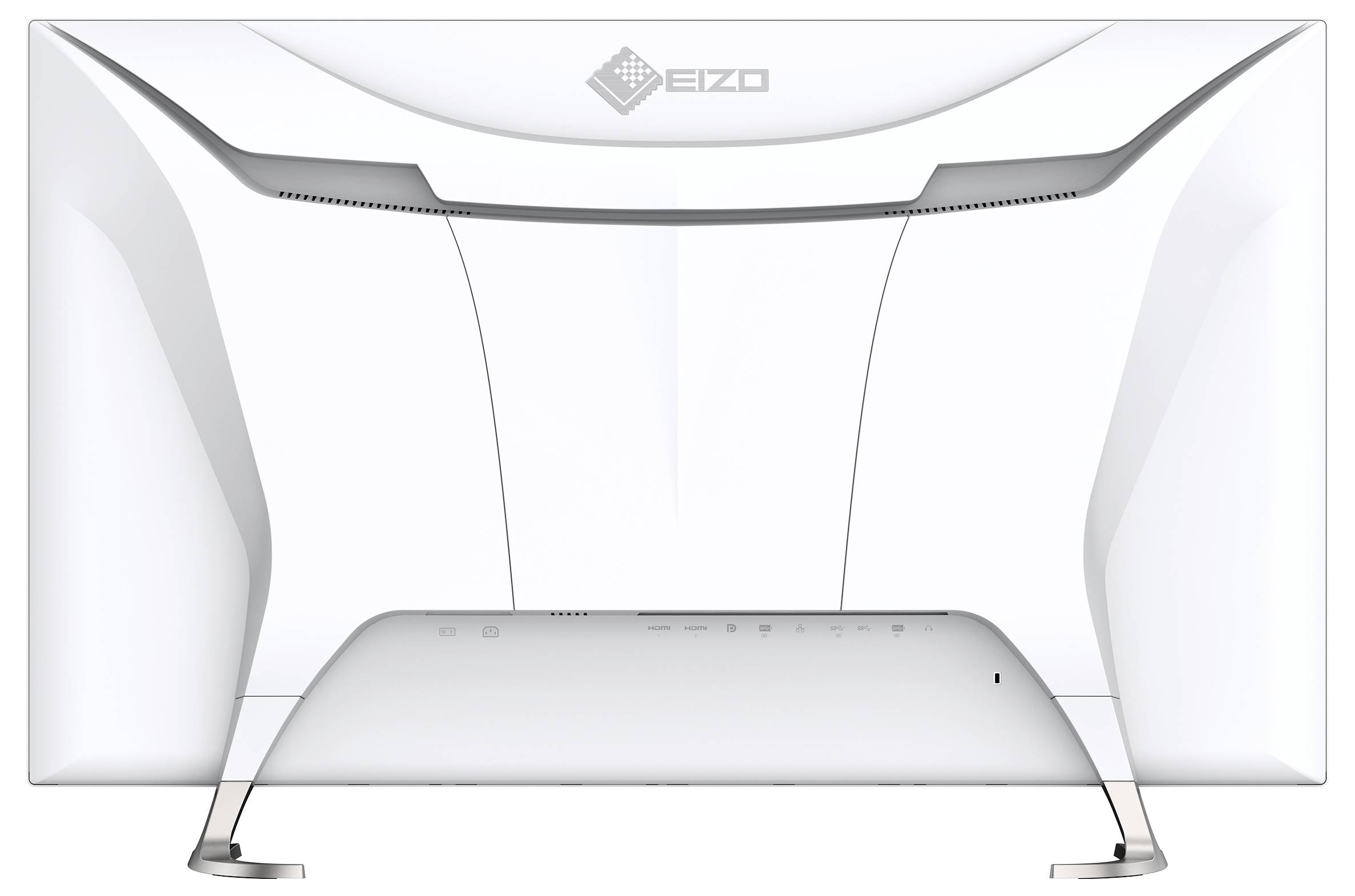 Rückansicht eines weißen EIZO-Monitors mit einem gebogenen Ständer auf einem einfachen Hintergrund.