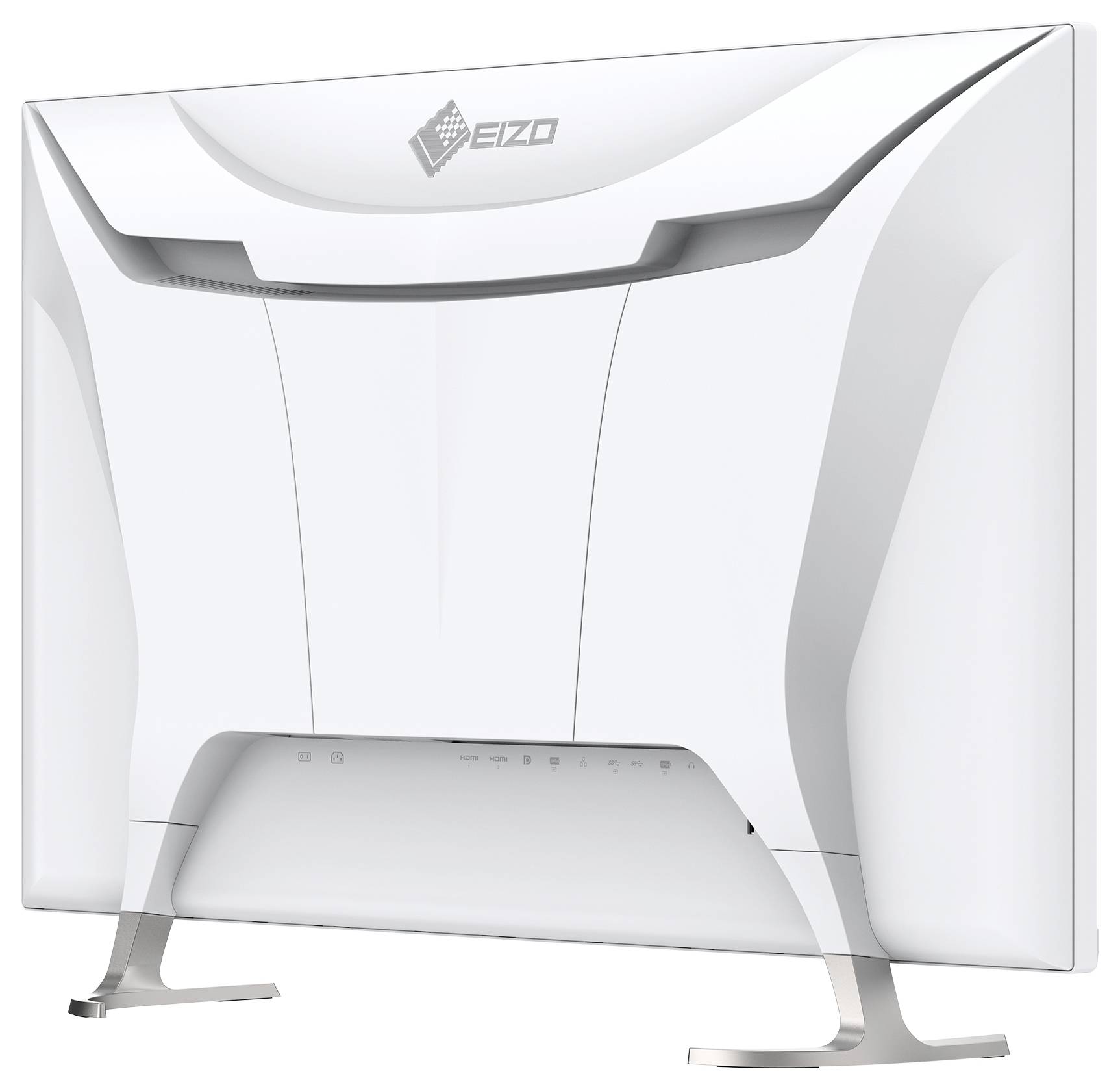 Rückansicht eines weißen EIZO-Monitors mit einem gebogenen silbernen Ständer auf einfachem Hintergrund.