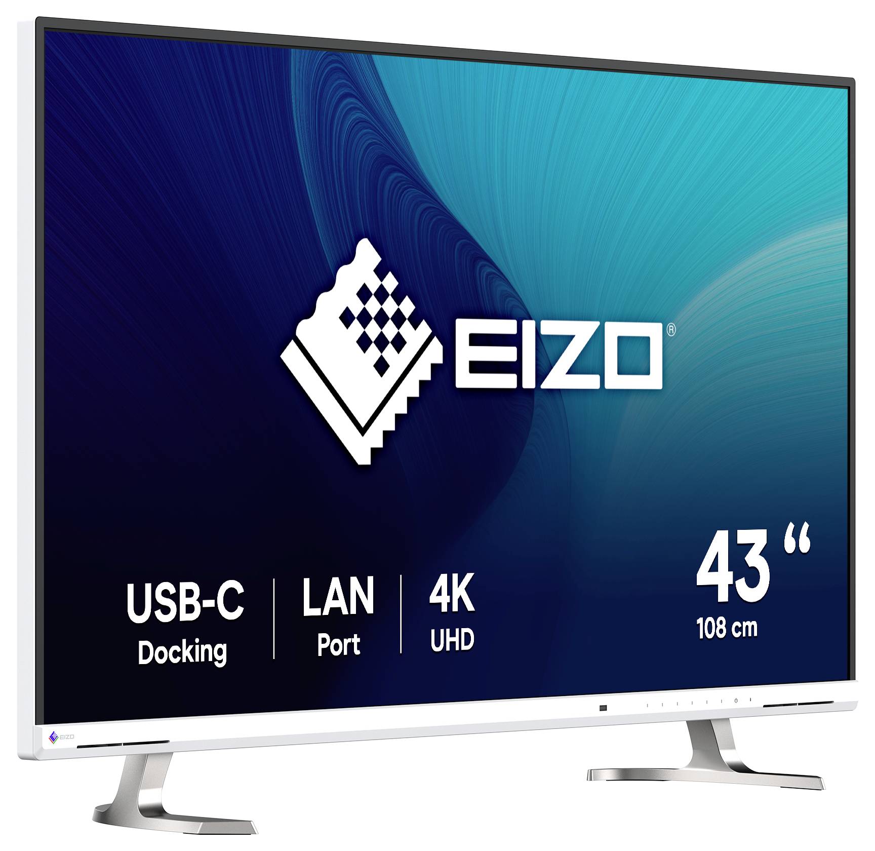 EIZO 43-Zoll 4K UHD Monitor mit USB-C Docking und LAN-Anschluss, auf einem Ständer abgebildet.