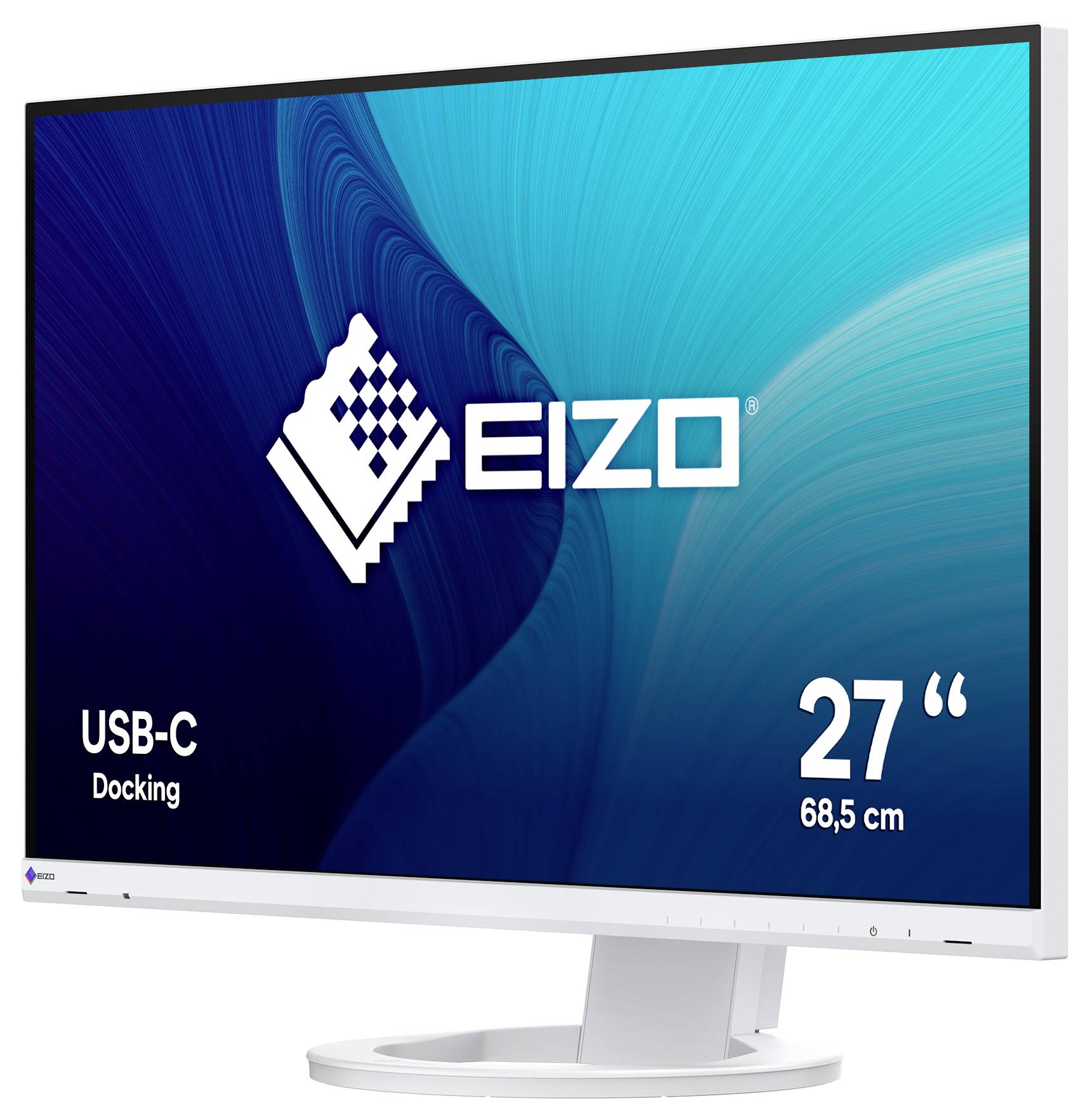 EIZO 27-Zoll USB-C Docking Monitor mit blauer abstrakter Anzeige, auf einem Ständer gezeigt.