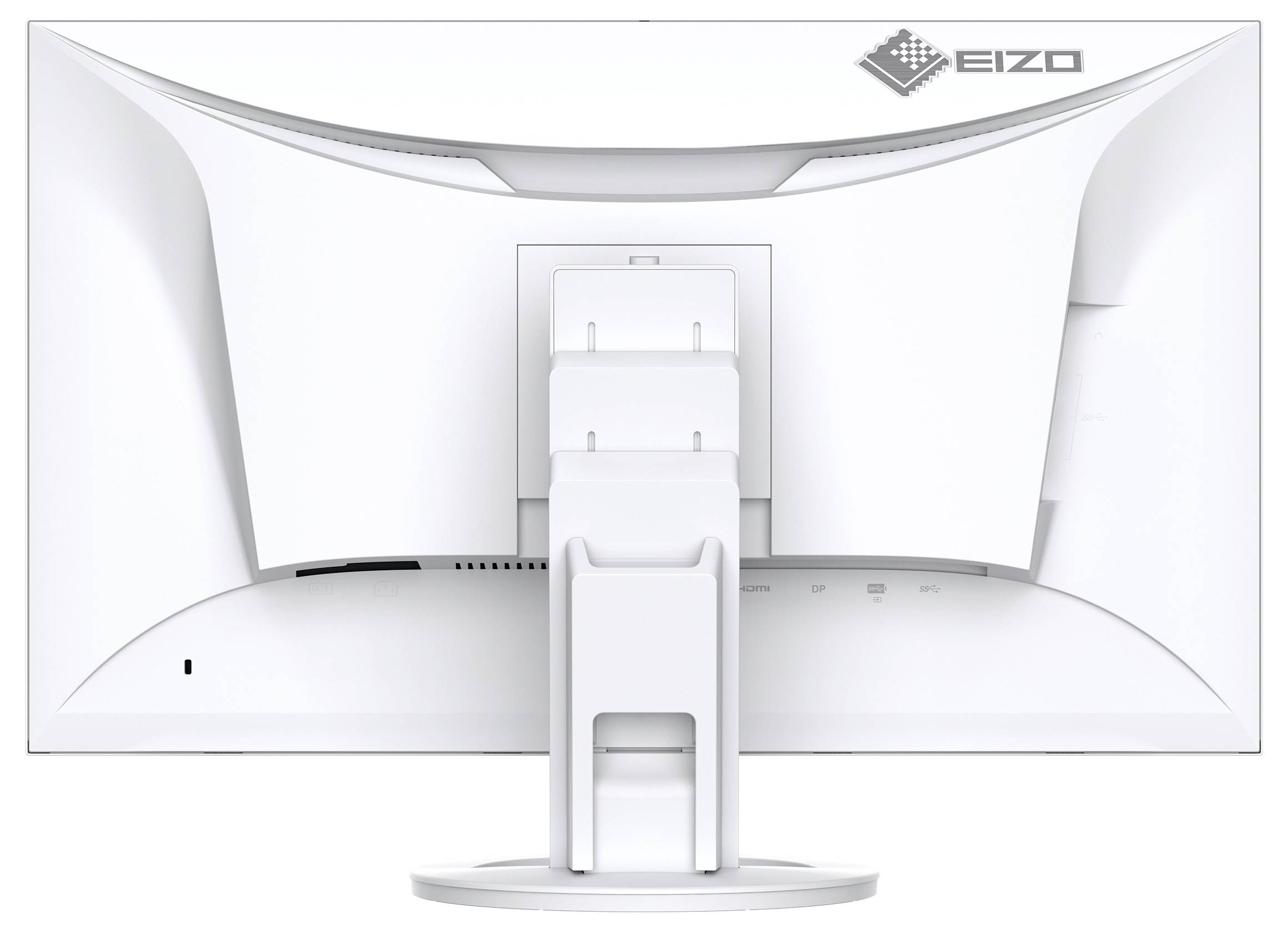 Rückansicht eines weißen EIZO-Desktopmonitors auf einem Ständer, der das Rückenschild und den verstellbaren Hals auf einem einfachen Hintergrund zeigt.