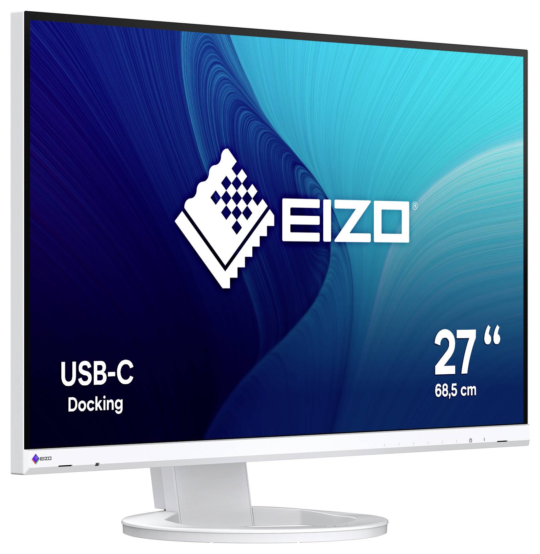 EIZO 27-Zoll-Monitor mit der Aufschrift "USB-C Docking" auf einem blauen Bildschirm, gezeigt auf einem weißen Ständer