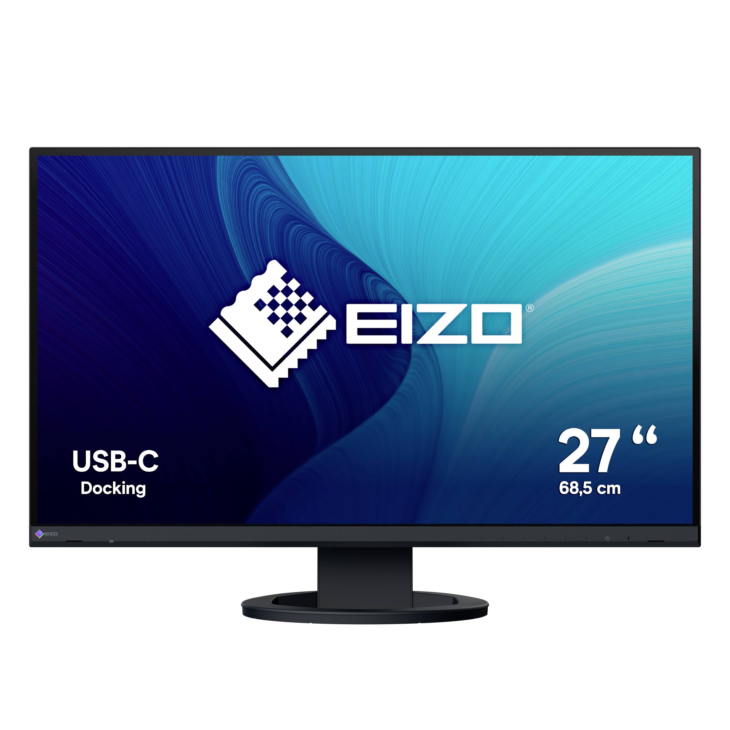 EIZO 27-Zoll-Monitor mit USB-C-Docking, dargestellt auf einem blauen Bildschirm mit dem EIZO-Logo.