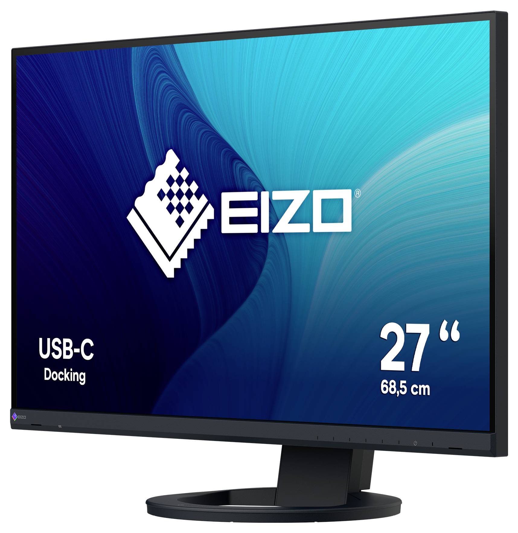 EIZO 27-Zoll-USB-C-Docking-Monitor auf einem Ständer, dargestellt mit blauem Bildschirm und Produktbranding.