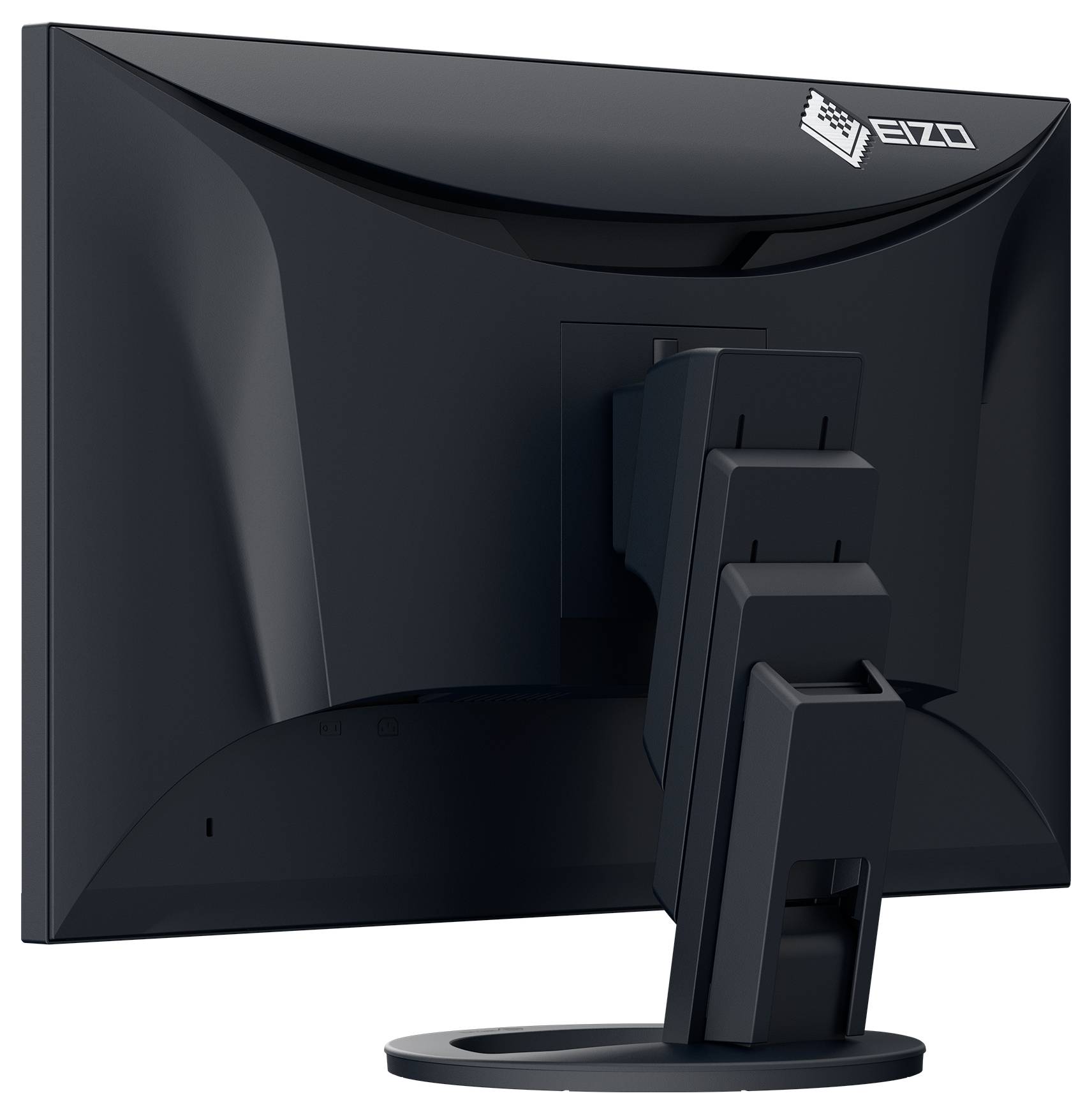 Rückansicht eines weißen EIZO-Monitors, der sein Standfuß, Stromversorgung und USB-Anschlüsse zeigt, mit Kabeln, die auf der Rückseite angeschlossen sind.