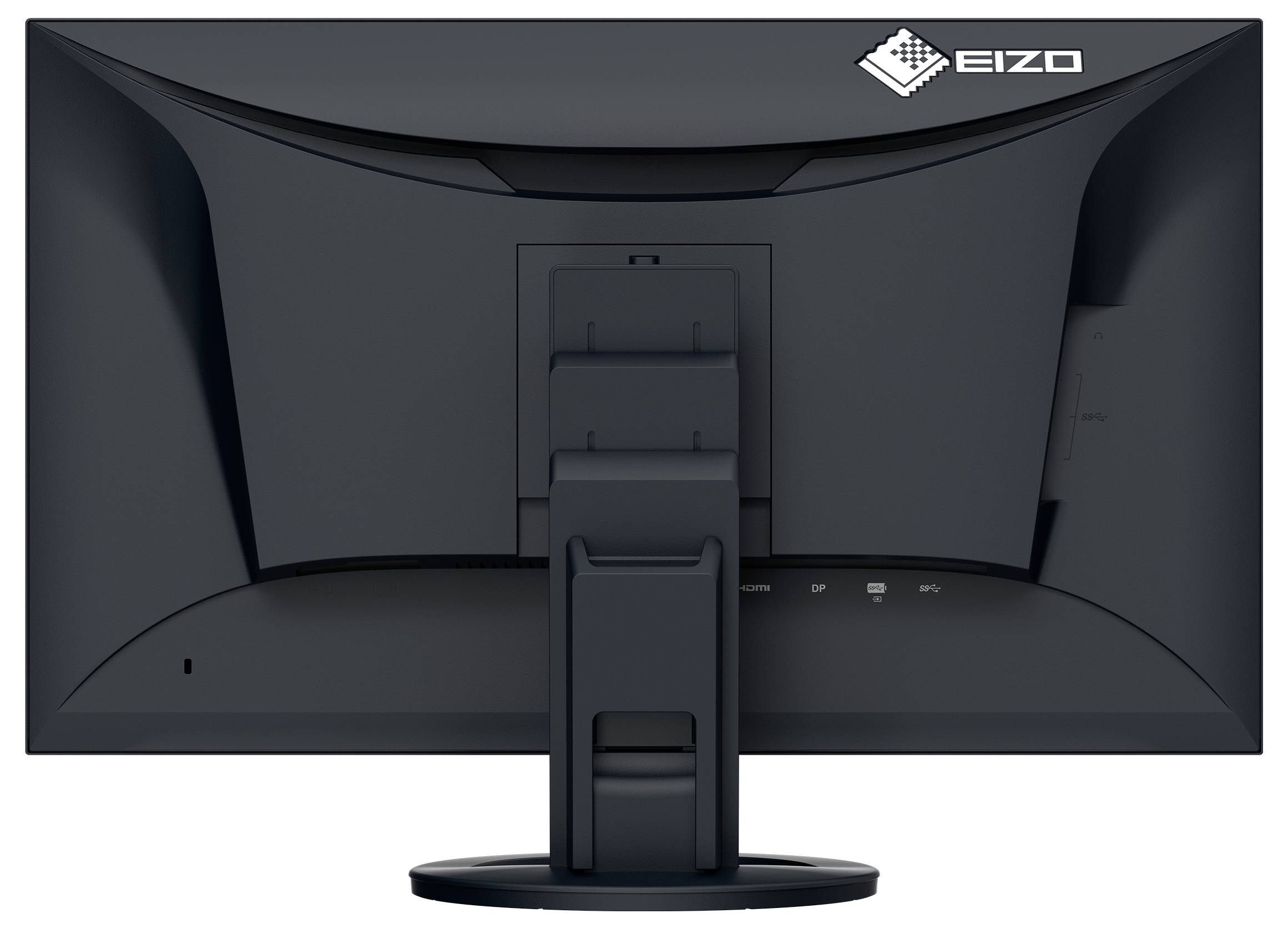 Rückansicht eines EIZO-Computermonitors auf einem Ständer, die das Markenlogo und die verstellbare Montagebasis zeigt.