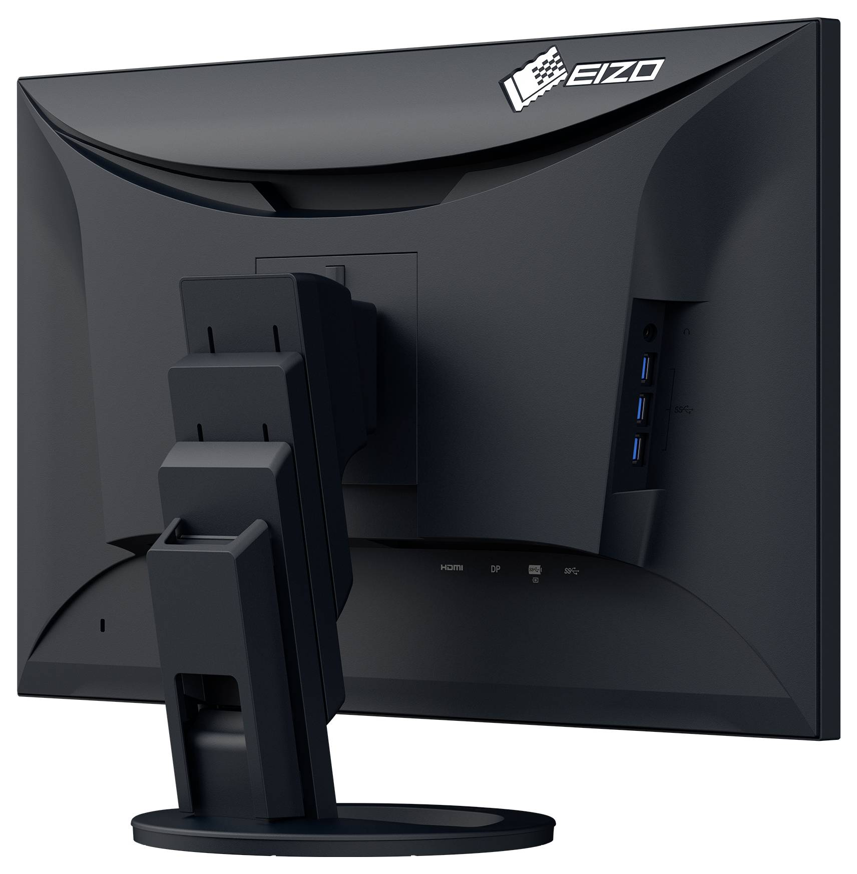 Rückansicht eines EIZO-Computermonitors auf einem Ständer, die das gekrümmte Rückdesign und die seitlichen USB-Anschlüsse zeigt.