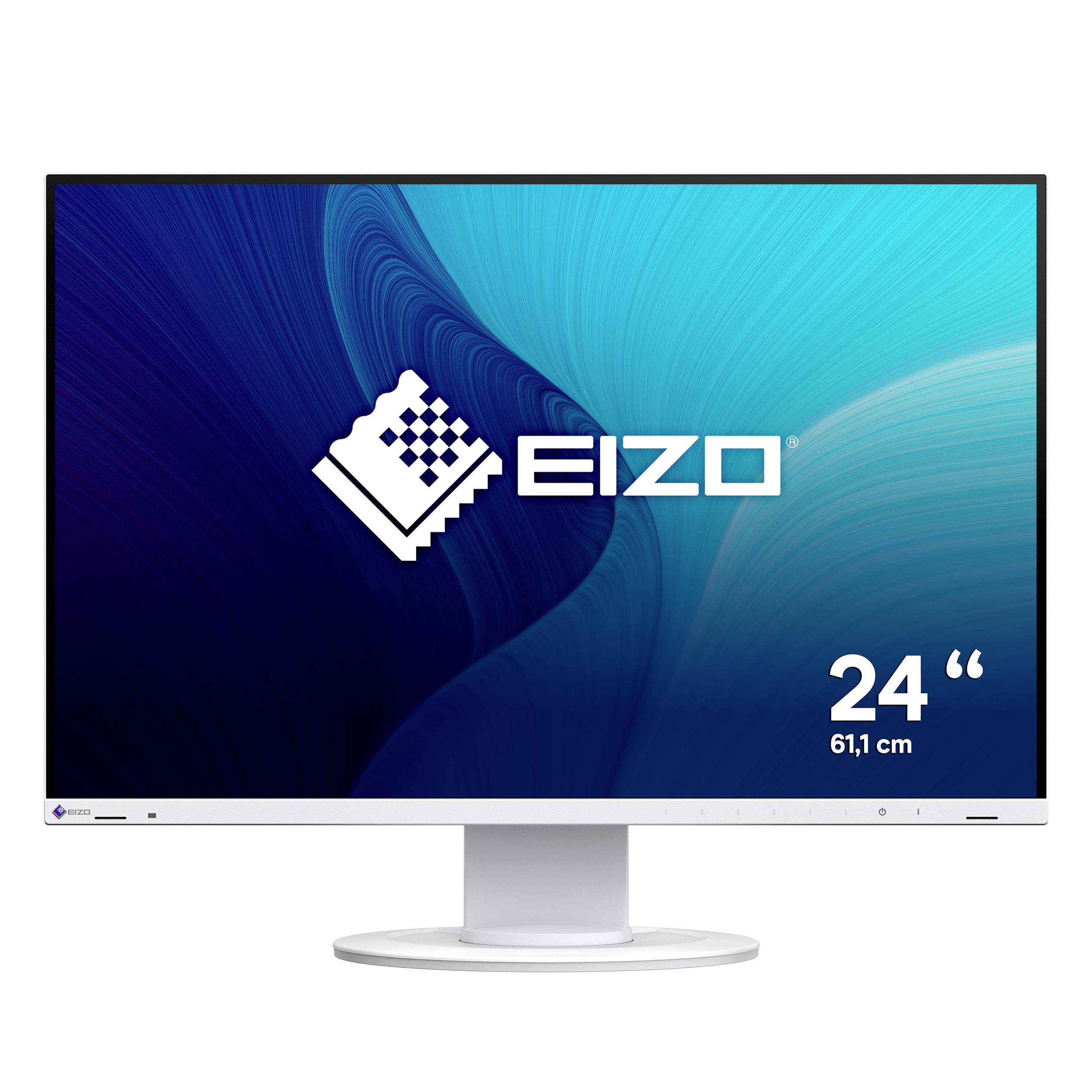 EIZO 24-Zoll-Monitor mit blauem Farbverlauf auf dem Bildschirm und weißem Logo, dargestellt auf einem Stand in der Mitte.