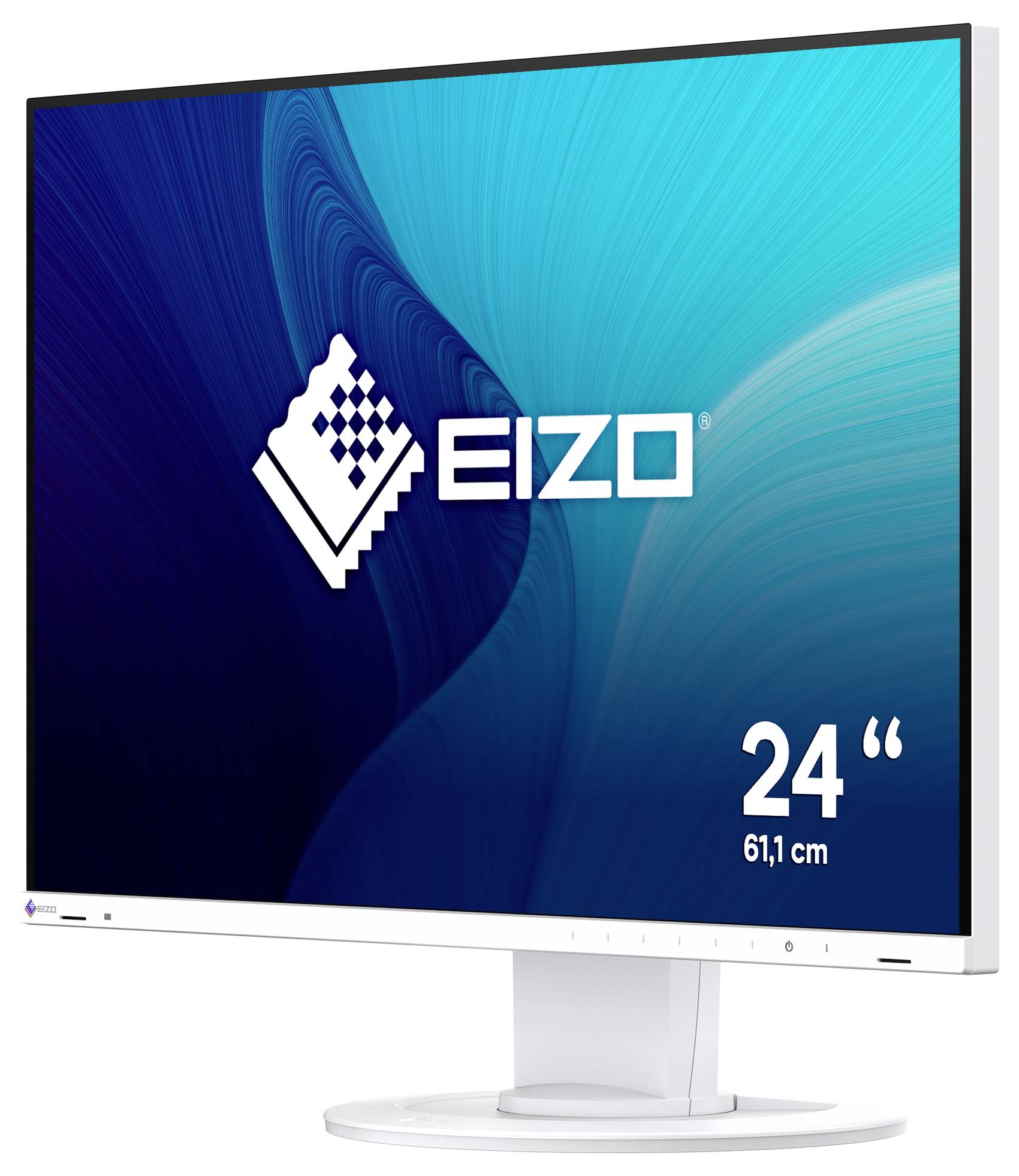 EIZO-Monitor mit 24 Zoll Bildschirm, blauer Farbverlauf und weißem Ständer; auf dem Display werden „24