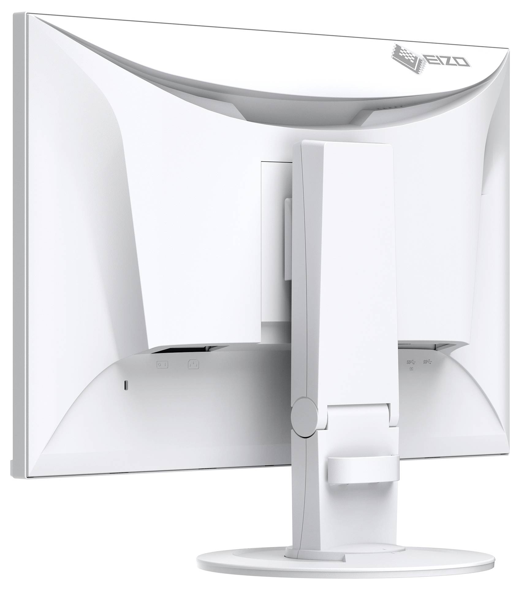 Rückansicht eines weißen Computermonitors auf einem Ständer, die ein elegantes gebogenes Rückenpanel und einen zentralen Kabelmanagementbereich zeigt.