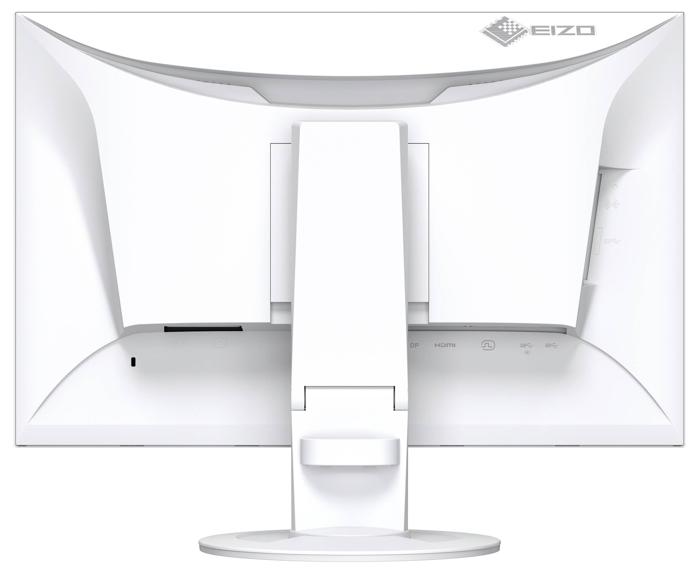 Rückansicht eines weißen EIZO-Computermonitors auf einem Ständer, der das hintere Design des Monitors und die Kabelanschlüsse zeigt.
