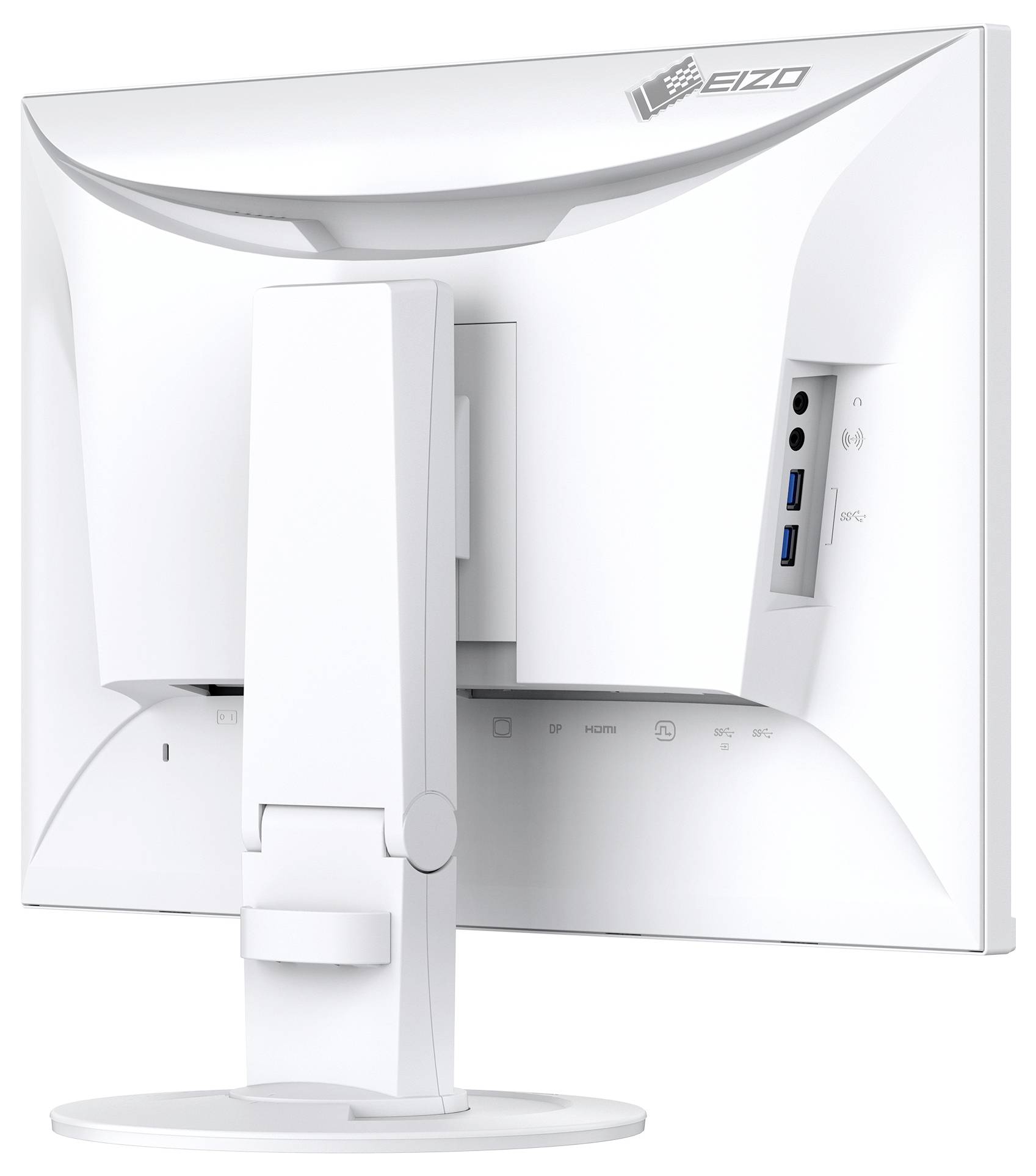 Rückansicht eines weißen EIZO-Desktopmonitors auf einem Ständer, der eingebaute Anschlüsse und Kabelverbindungen zeigt.