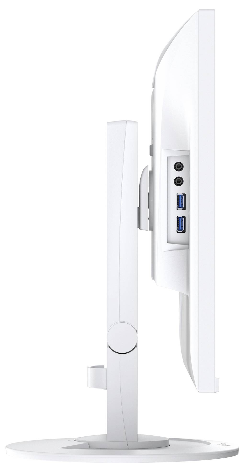 Seitenansicht eines weißen Desktop-Monitors auf einem Ständer, der Rückanschlüsse zeigt, darunter zwei USB-Anschlüsse und einen kreisförmigen Netzschalter.